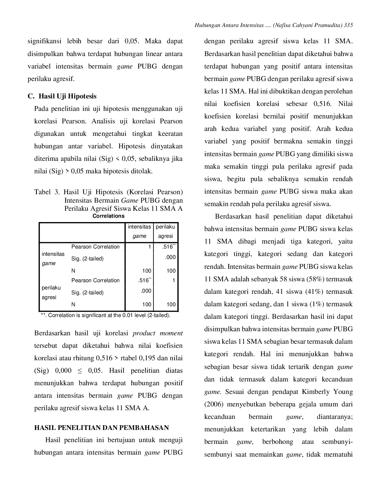 JURIS Hubungan Antara Intensitas Bermain Game Online PUBG dengan Perilaku Agresif Siswa Kelas 11 SMA