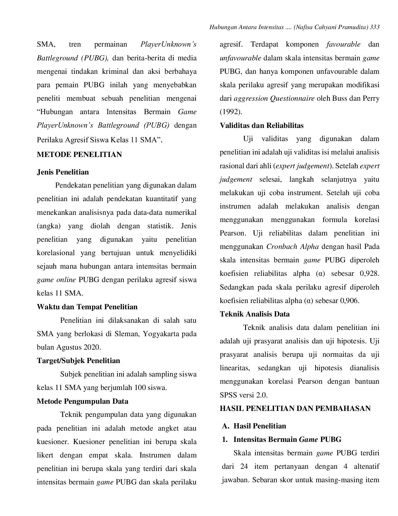 JURIS Hubungan Antara Intensitas Bermain Game Online PUBG dengan Perilaku Agresif Siswa Kelas 11 SMA