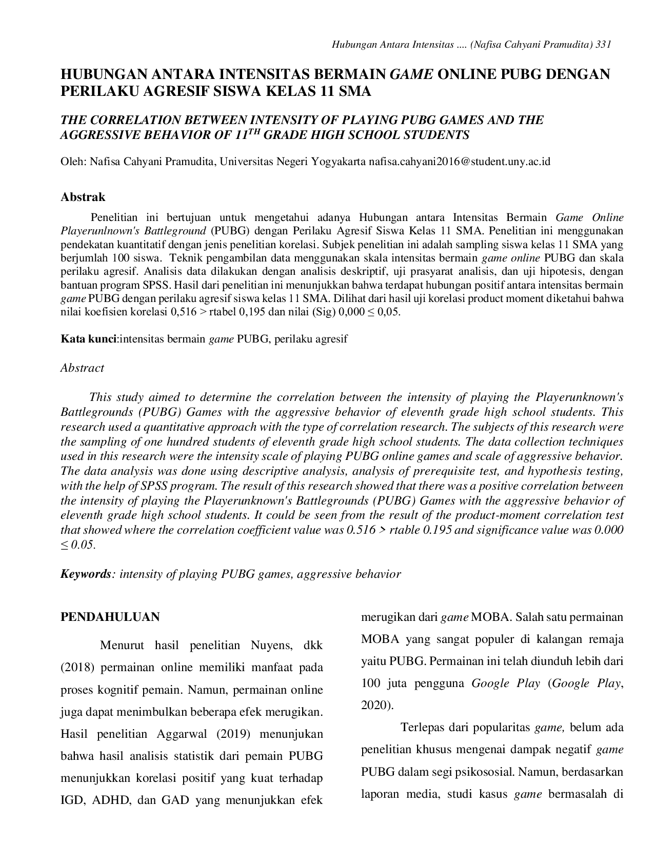 JURIS Hubungan Antara Intensitas Bermain Game Online PUBG dengan Perilaku Agresif Siswa Kelas 11 SMA