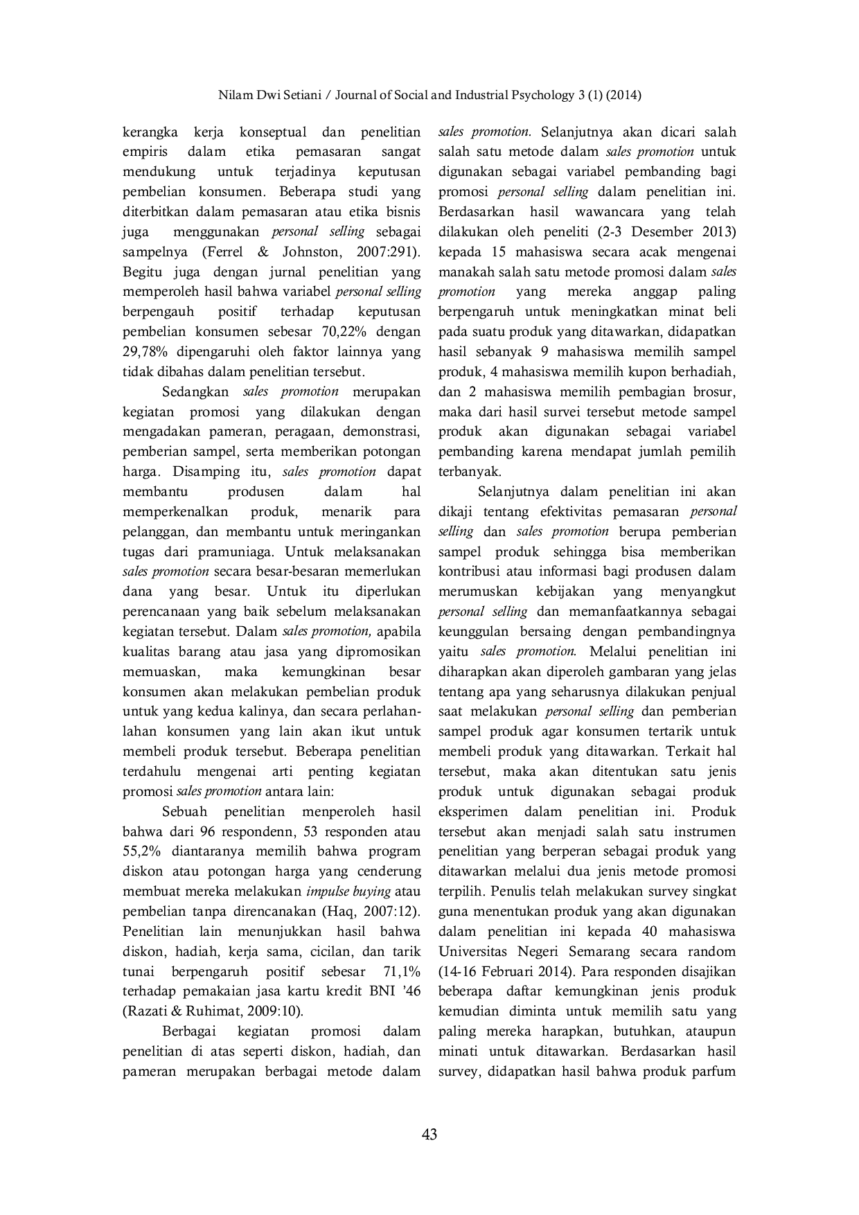 JURIS Efektivitas Personal Selling dan Sales Promotion dengan Sampel Produk Terhadap Keputusan Pembelian Konsumen
