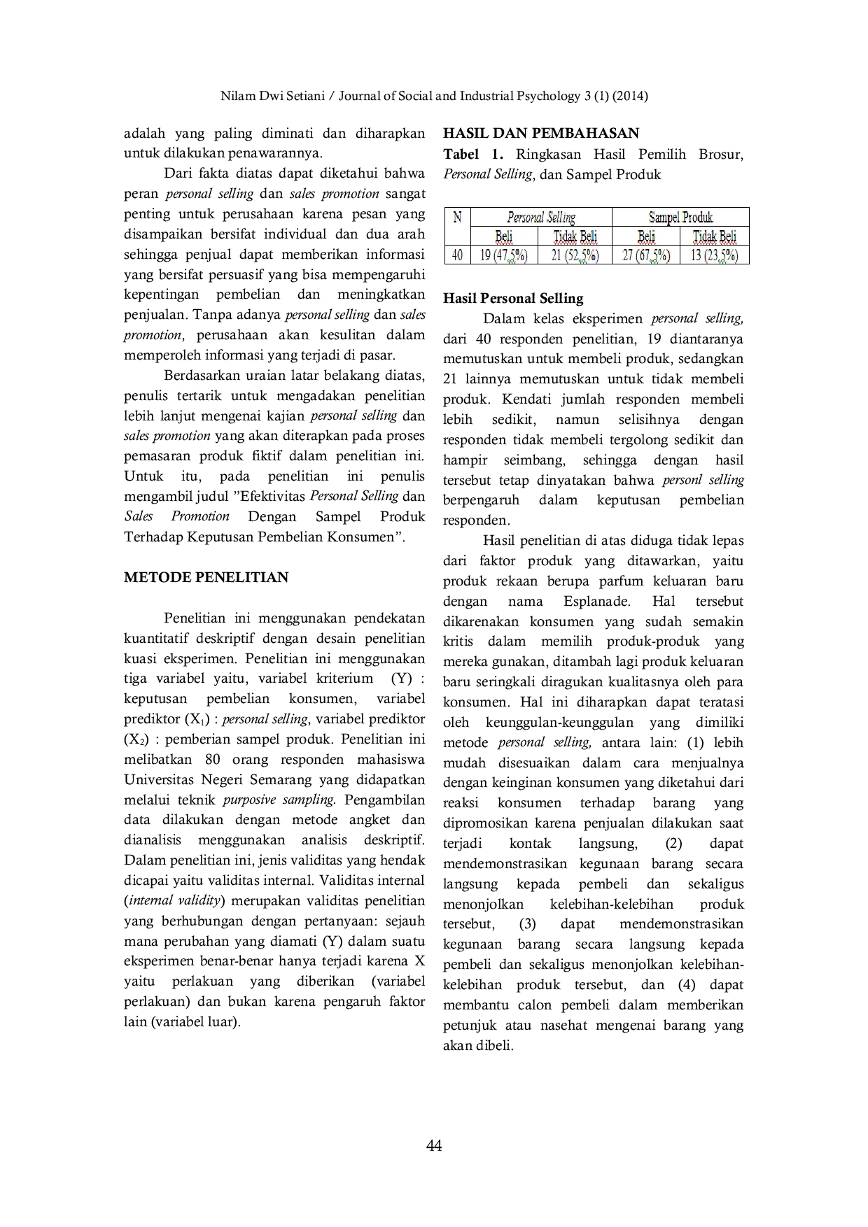 JURIS Efektivitas Personal Selling dan Sales Promotion dengan Sampel Produk Terhadap Keputusan Pembelian Konsumen