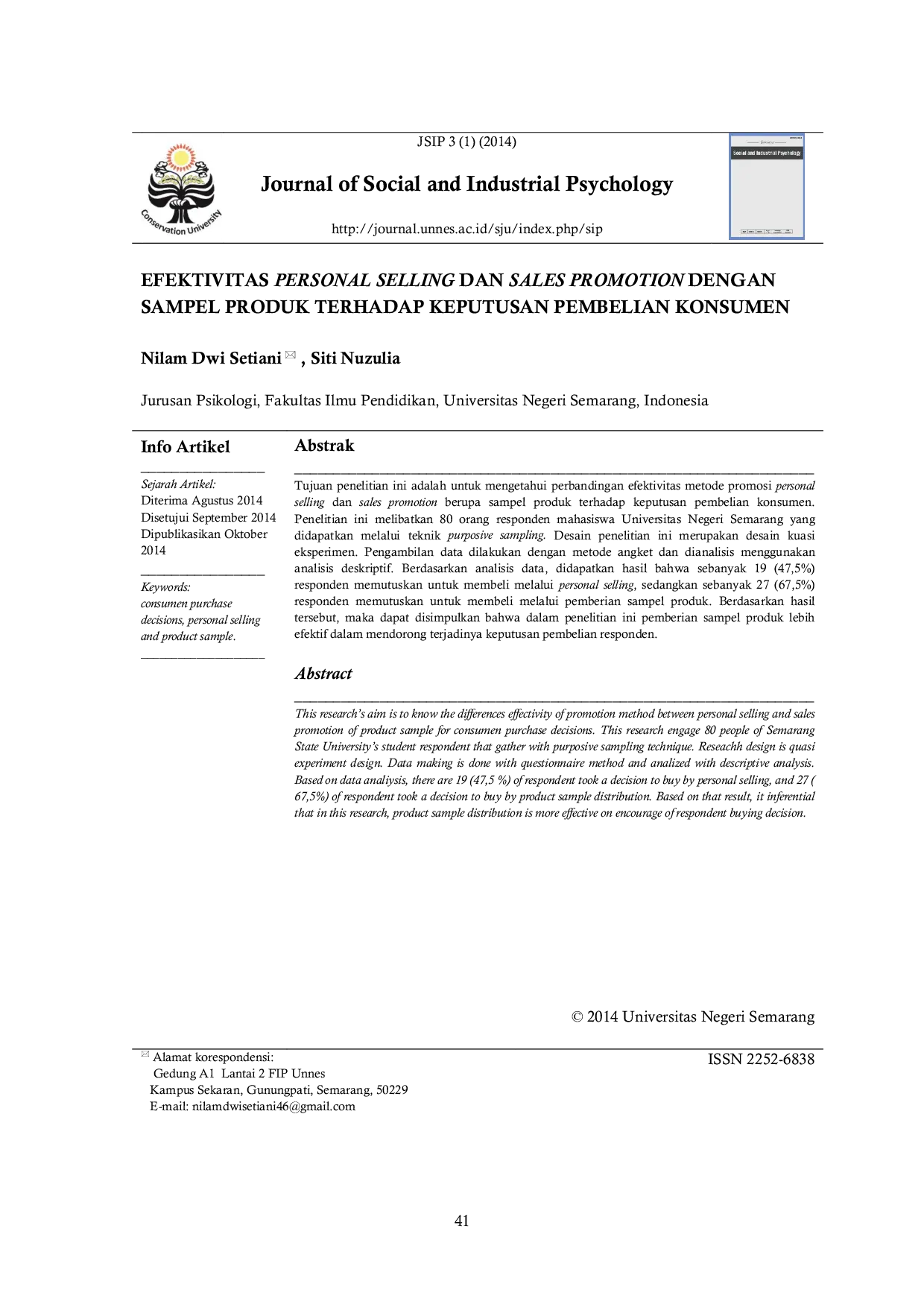 JURIS Efektivitas Personal Selling dan Sales Promotion dengan Sampel Produk Terhadap Keputusan Pembelian Konsumen