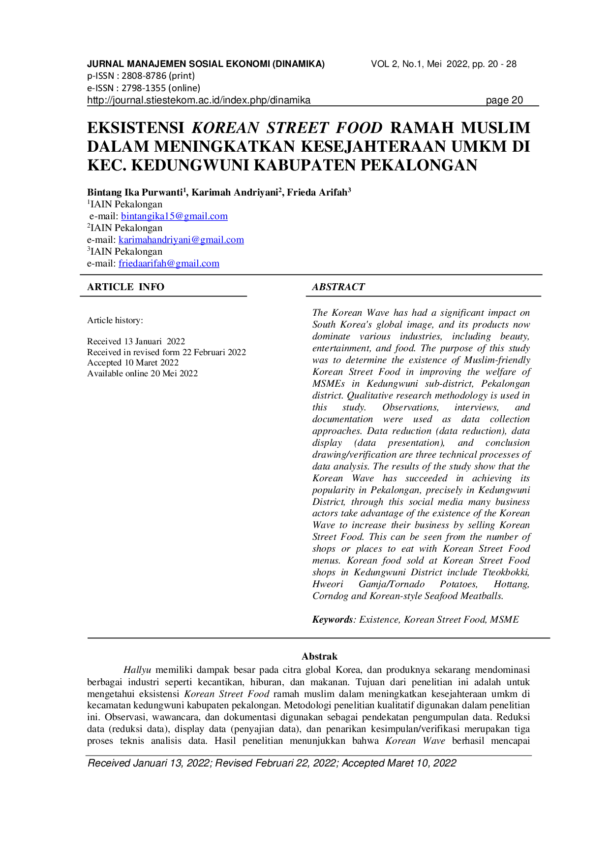 JURIS Eksistensi Korean Street Food Ramah Muslim Dalam Meningkatkan Kesejahteraan UMKM di Kecamatan Kedungwuni Kabupaten Pekalongan