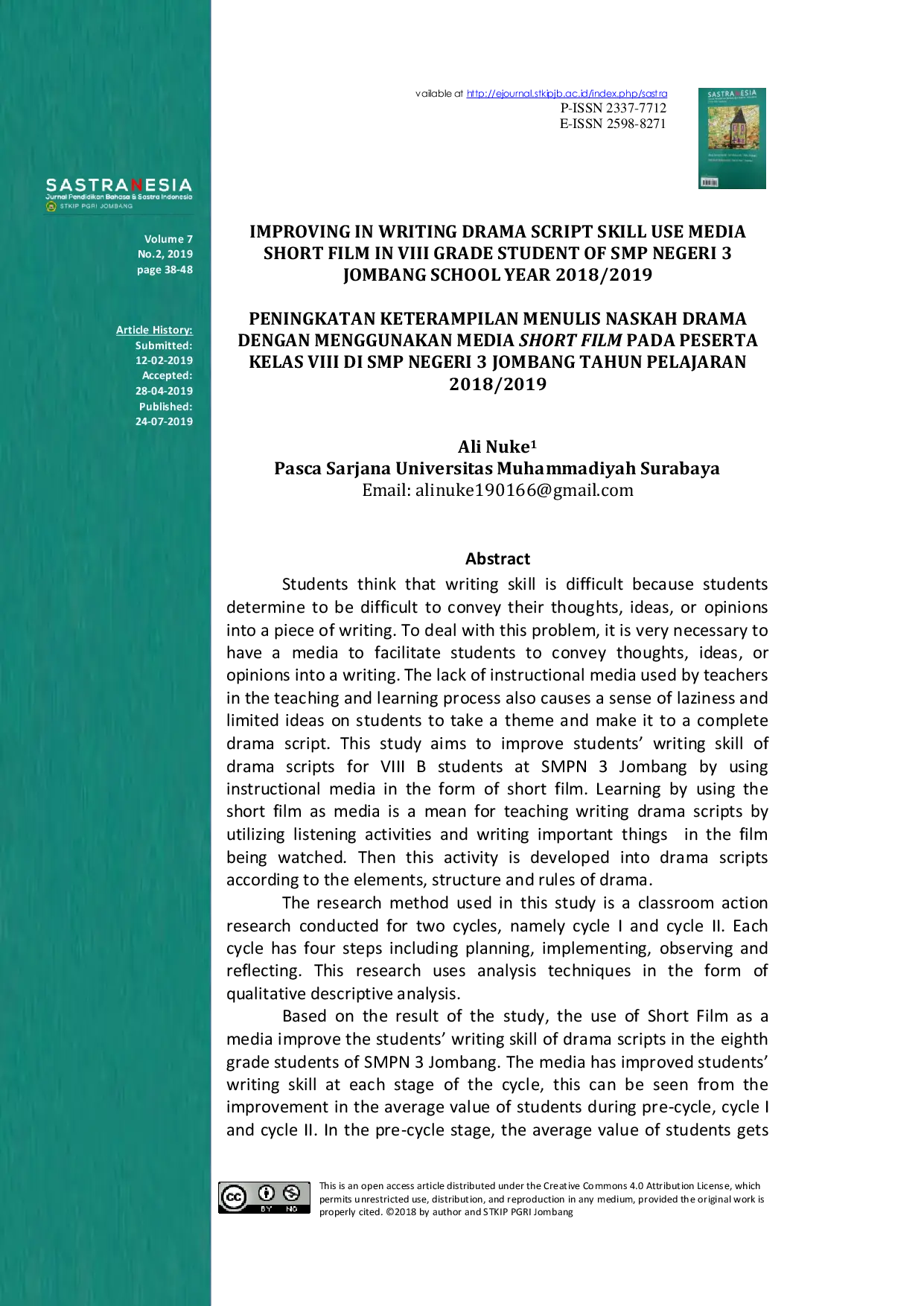 JURIS Peningkatan Keterampilan Menulis Naskah Drama Dengan Menggunakan Media Short Film Pada Peserta Kelas VIII Di SMP Negeri 3 Jombang Tahun Pelajaran 2018 2019