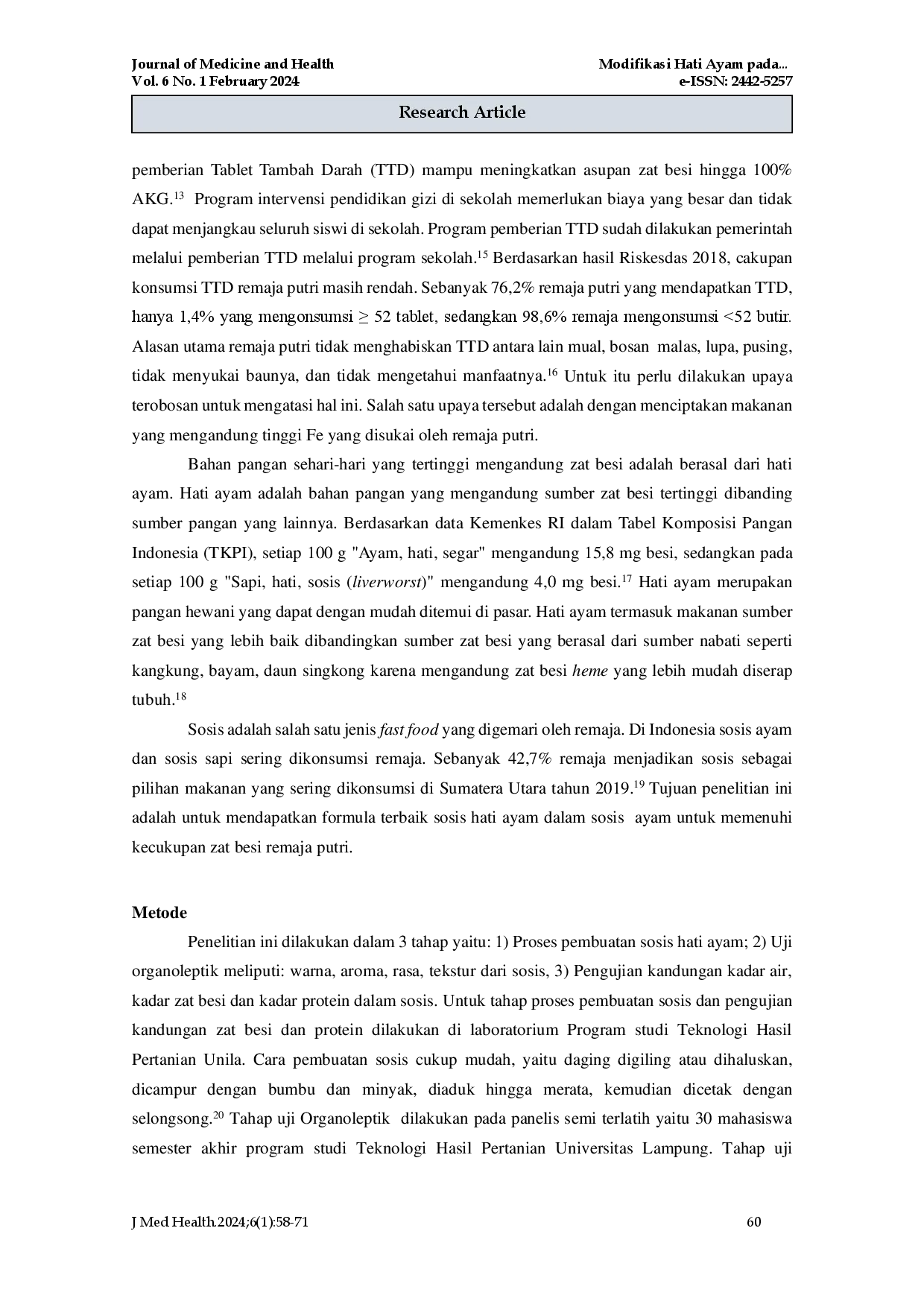 juris Modifikasi Sosis yang Disubstitusi Hati Ayam sebagai Sumber Makanan Kaya Zat Besi untuk Mengatasi Anemia Defisiensi Zat Besi pada Remaja