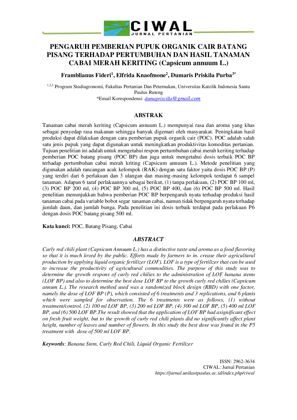 JURIS Pengaruh Pemberian Pupuk Organik Cair Batang Pisang terhadap Pertumbuhan dan Hasil Tanaman Cabai Merah Keriting Capsicum annuum L