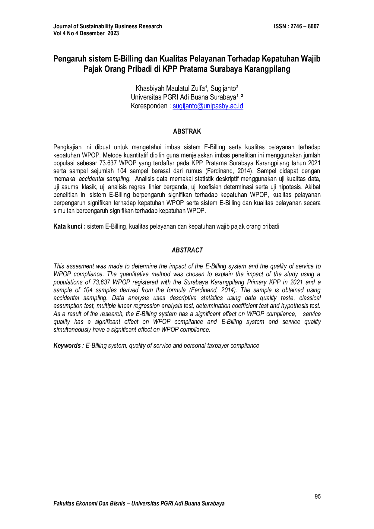 JURIS Pengaruh sistem E Billing dan Kualitas Pelayanan Terhadap Kepatuhan Wajib Pajak Orang Pribadi di KPP Pratama Surabaya Karangpilang Pengaruh sistem E Billing dan Kualitas Pelayanan Terhadap Kepatuhan