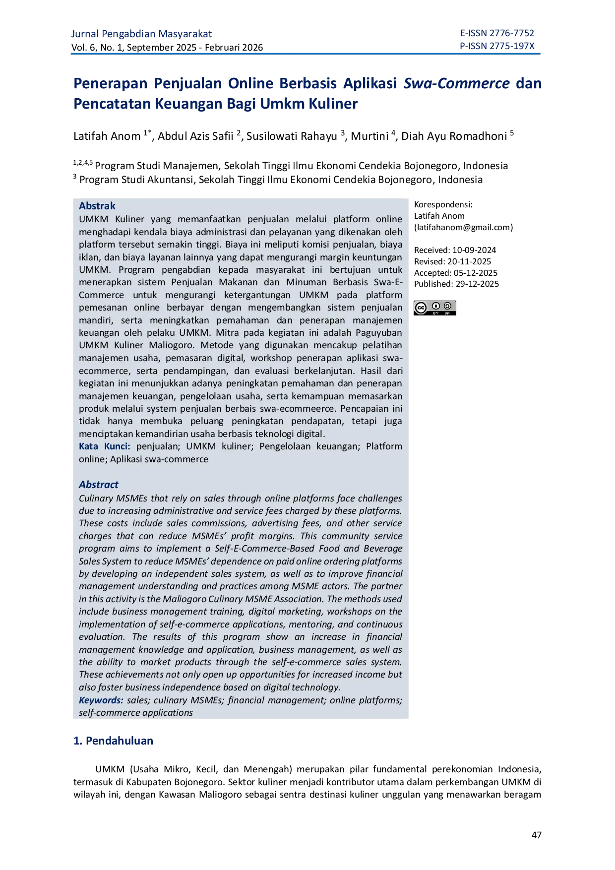 JURIS Penerapan Penjualan Online Berbasis Aplikasi Swa Commerce dan Pencatatan Keuangan Bagi Umkm Kuliner