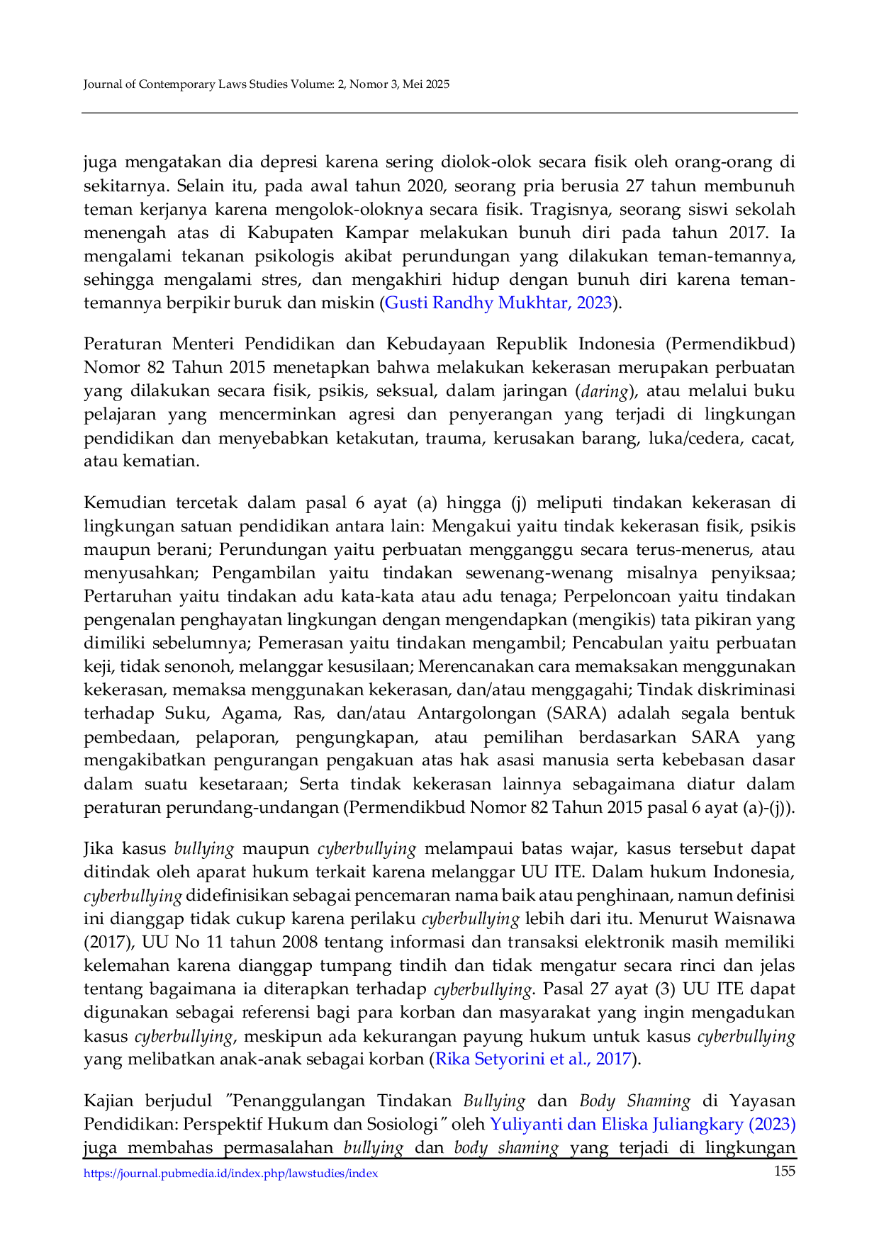 JURIS Penanggulangan Tindakan Bullying dan Body Shaming di Yayasan Pendidikan Persfektif Hukum dan Sosiologi