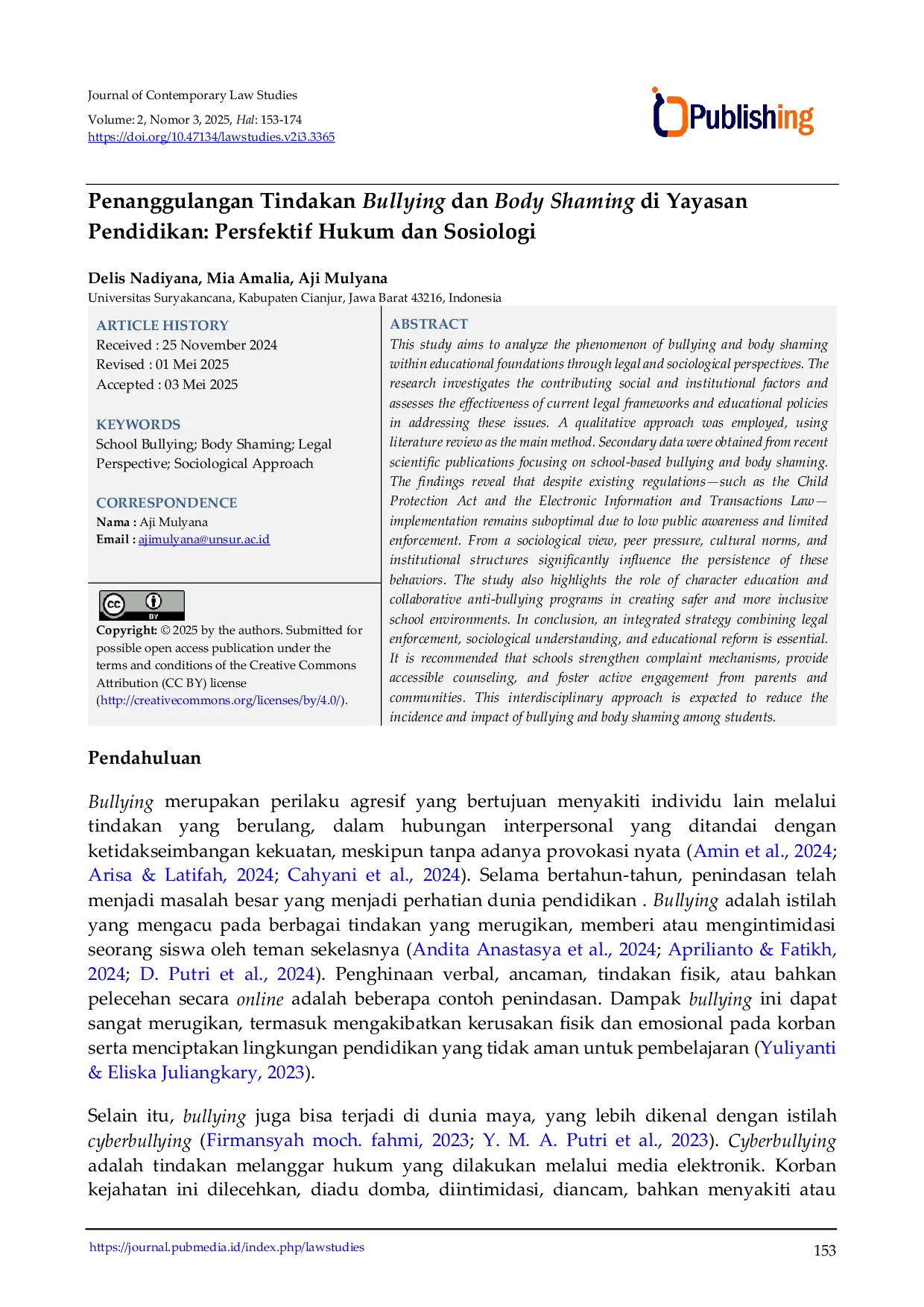 JURIS Penanggulangan Tindakan Bullying dan Body Shaming di Yayasan Pendidikan Persfektif Hukum dan Sosiologi