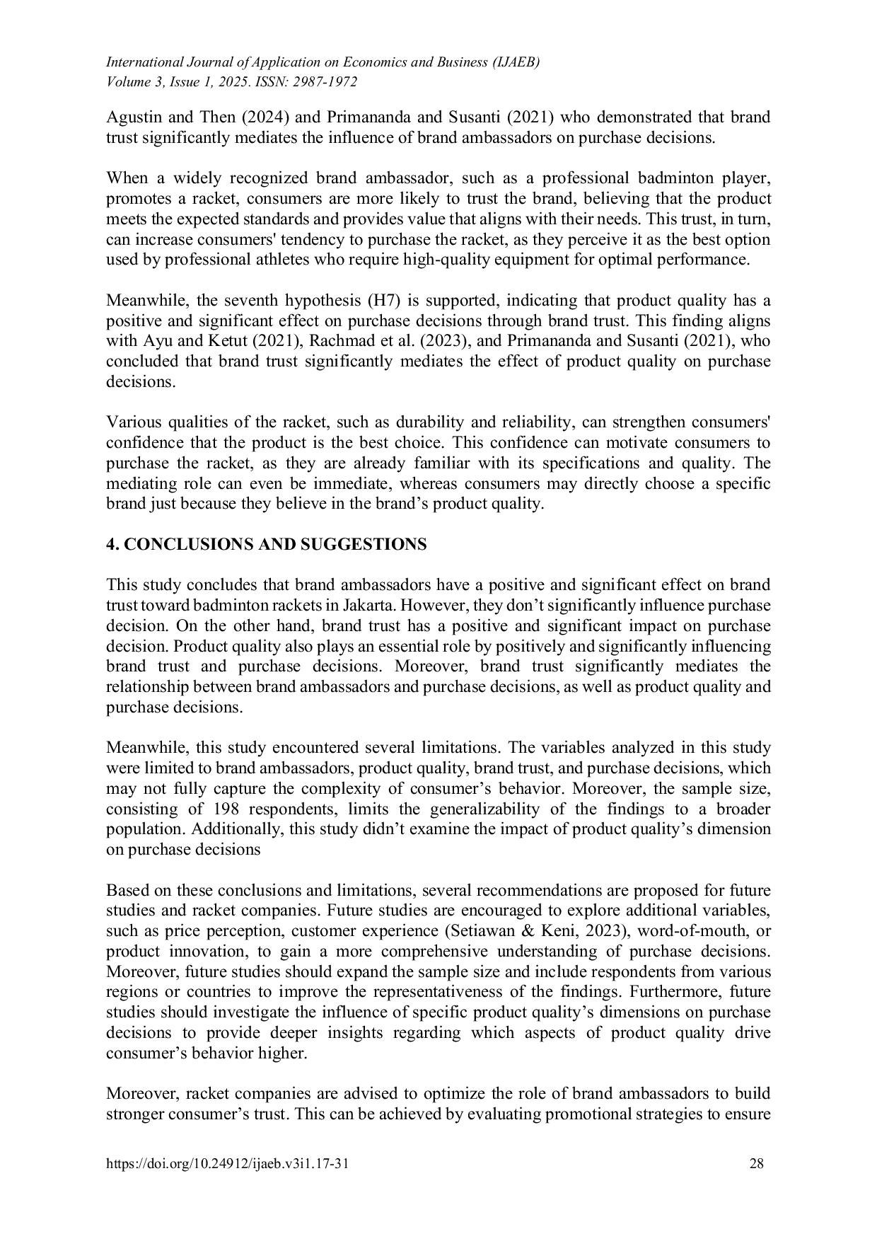 JURIS How Product Quality and Brand Ambassadors Drive Purchase Decisions Through Brand Trust Toward Badminton Rackets