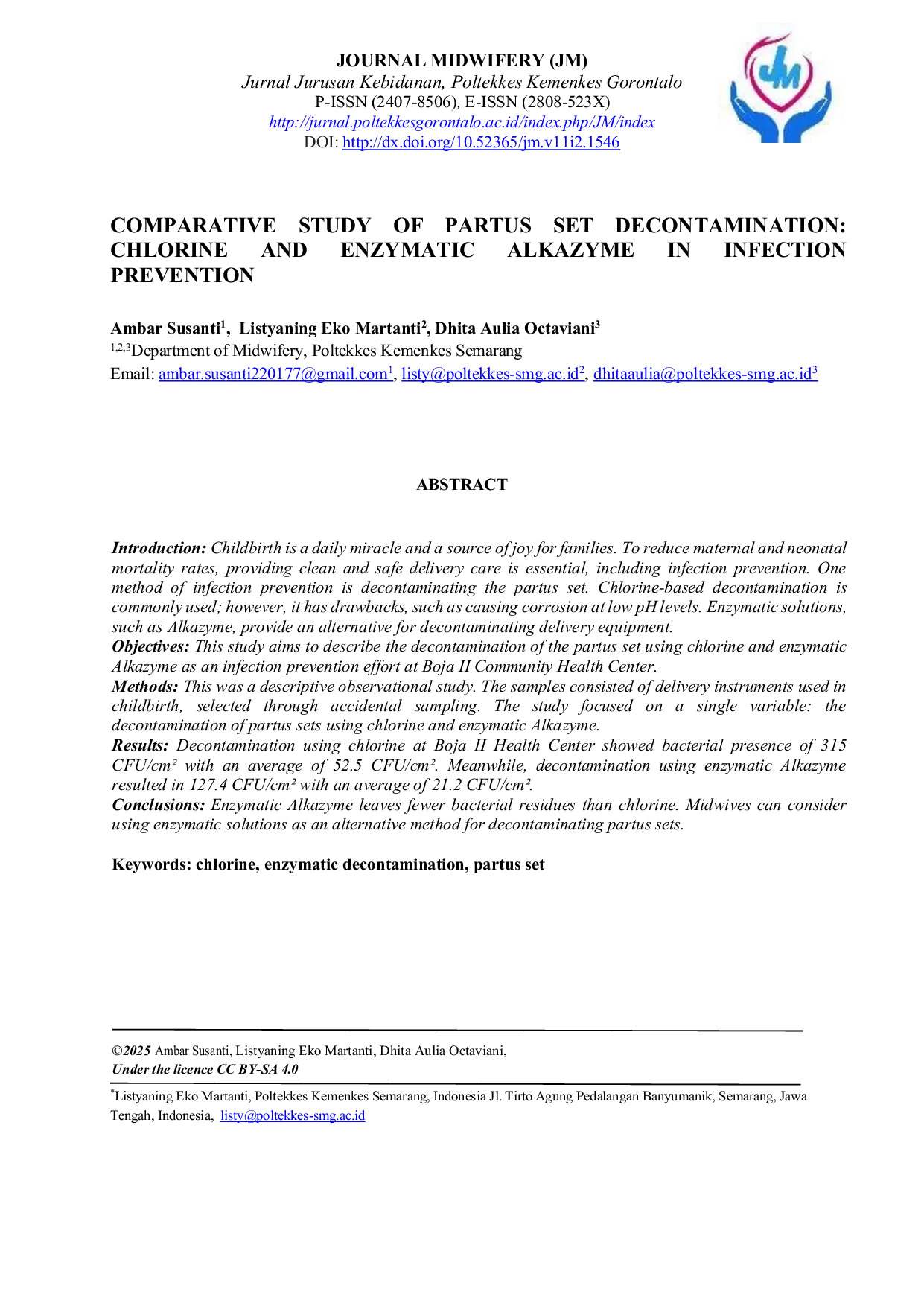 JURIS Comparative Study Of Partus Set Decontamination Chlorine And Enzymatic Alkazyme In Infection Prevention