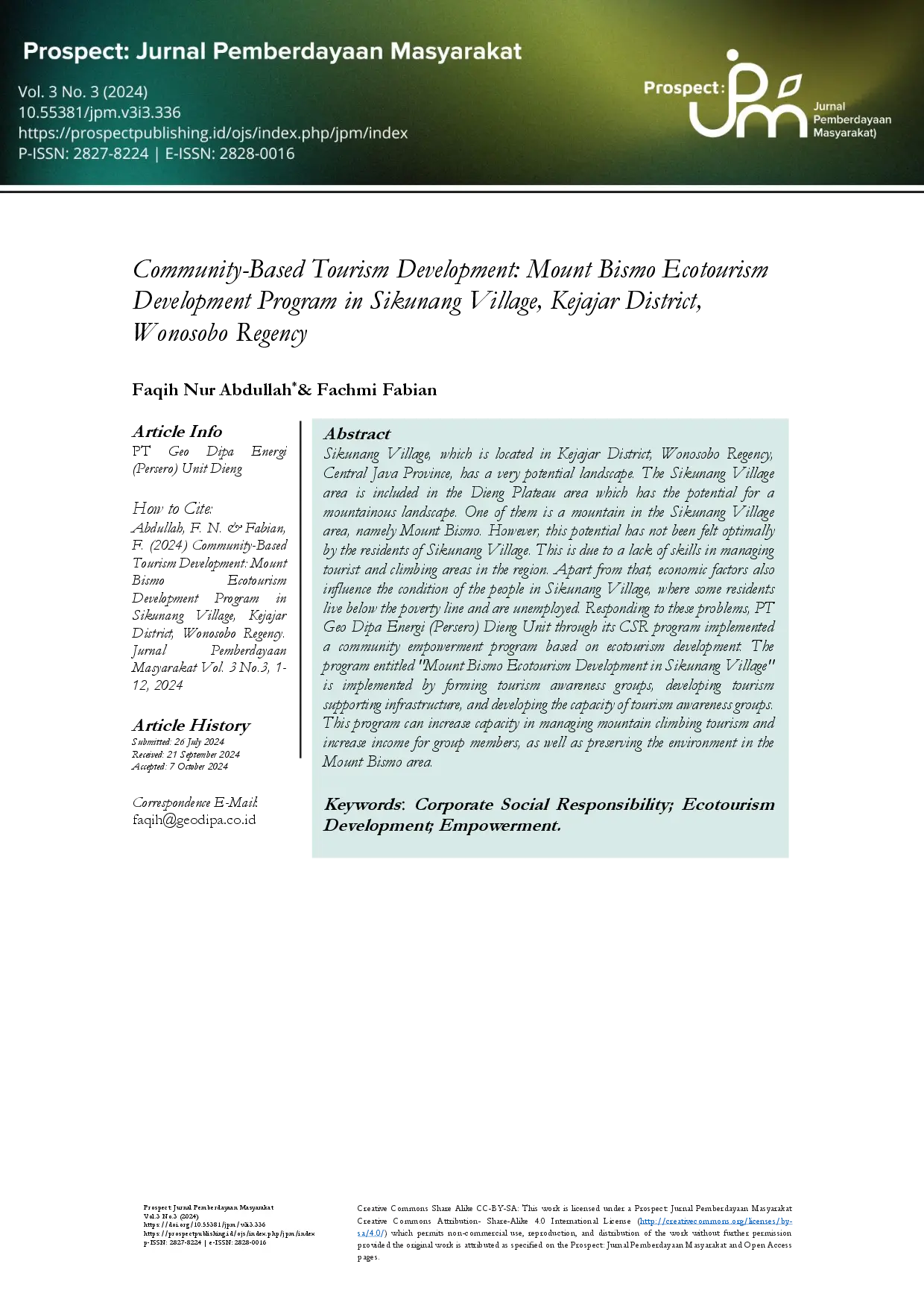 juris Community Based Tourism Development Mount Bismo Ecotourism Development Program in Sikunang Village Kejajar District Wonosobo Regency