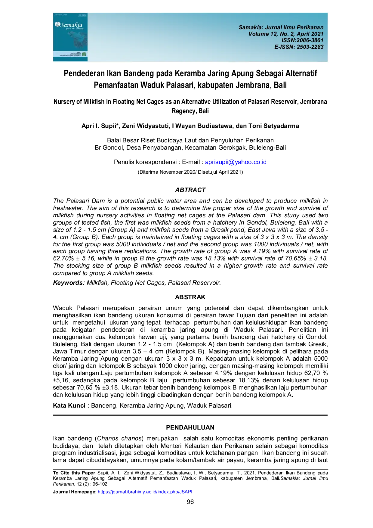 JURIS Pendederan Ikan Bandeng pada Keramba Jaring Apung Sebagai Alternatif Pemanfaatan Waduk Palasari kabupaten Jembrana Bali