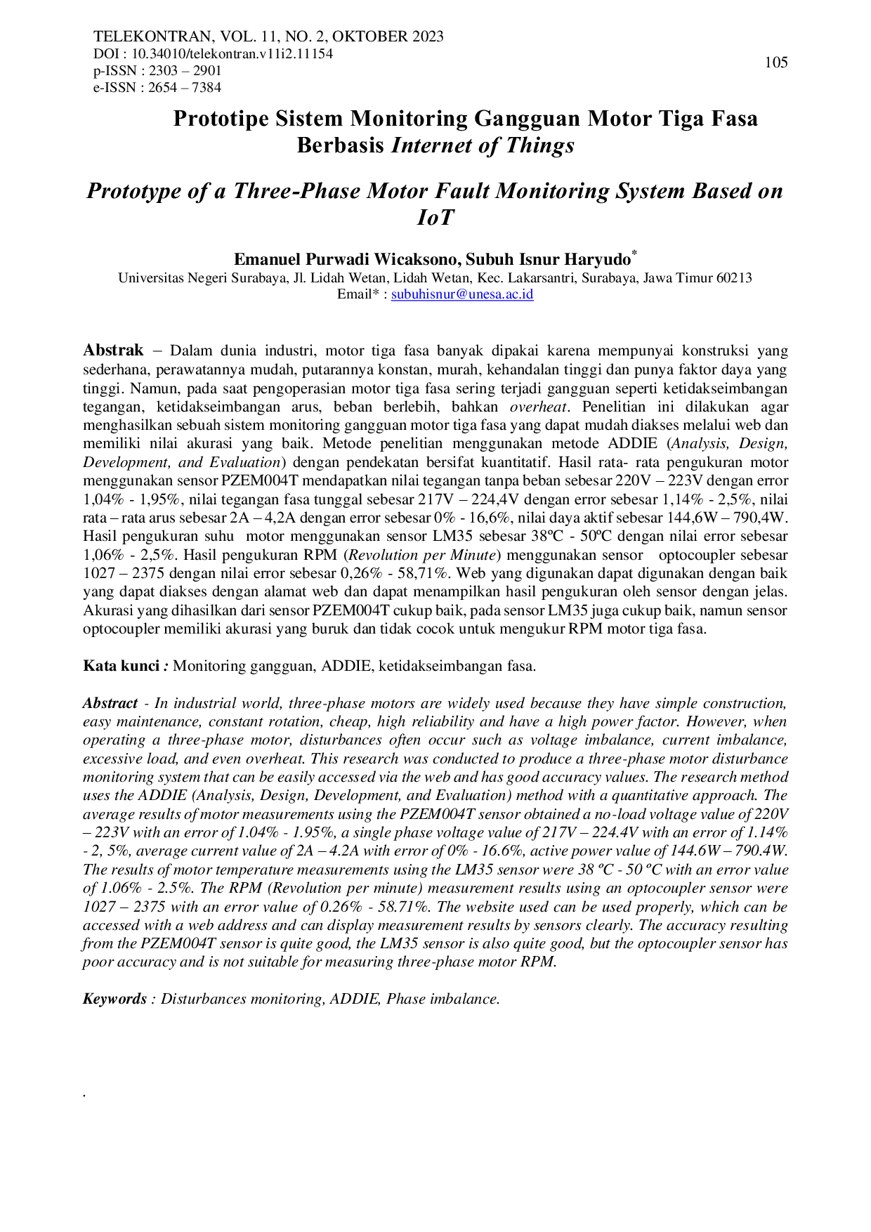 JURIS Prototipe Sistem Monitoring Gangguan Motor Tiga Fasa Berbasis Internet of Things