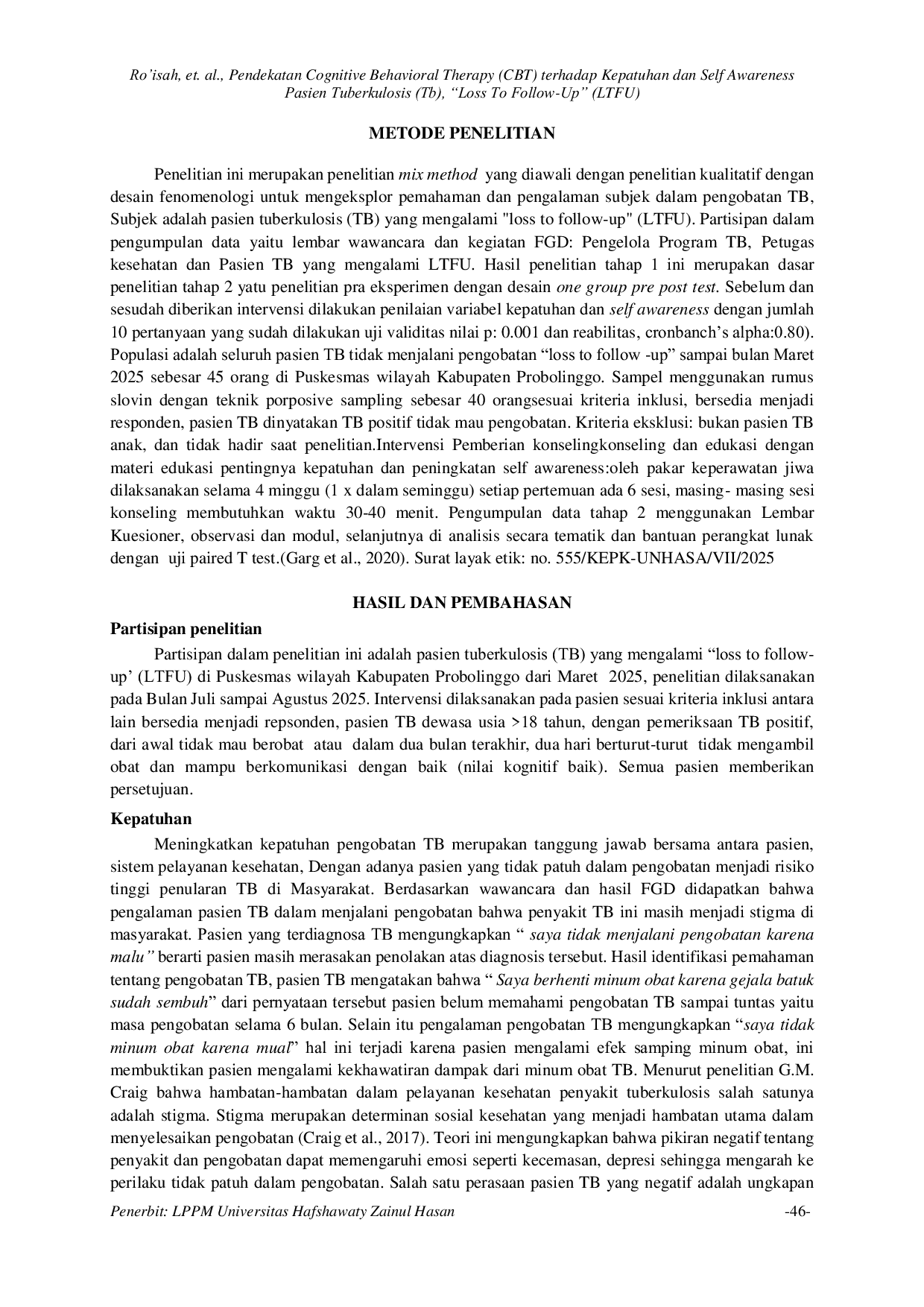 JURIS Pendekatan Cognitive Behavioral Therapy CBT terhadap Kepatuhan dan Self awareness Pasien Tuberkulosis TB Loss to follow up LTFU