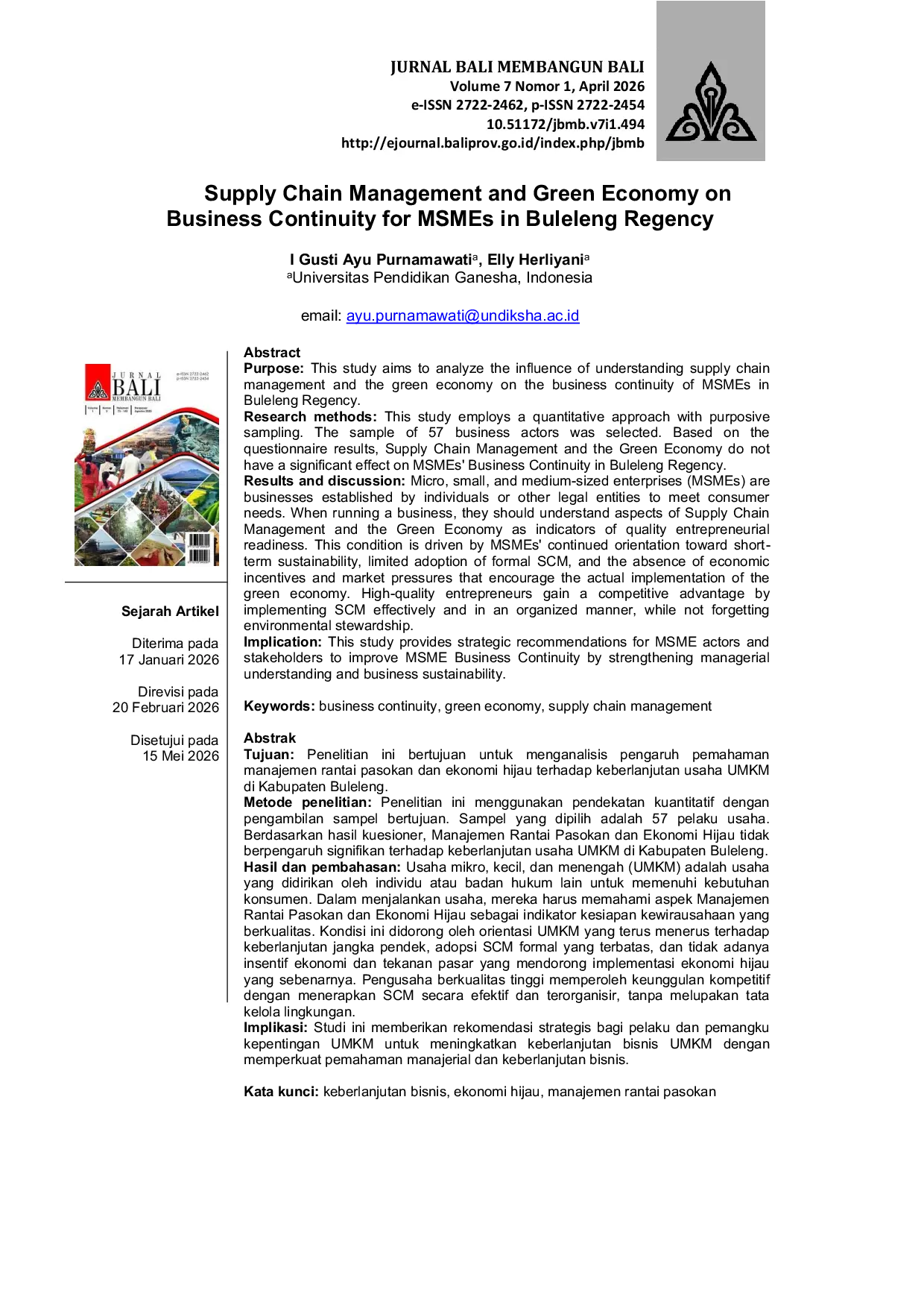 JURIS Supply Chain Management and Green Economy on Business Continuity for MSMEs in Buleleng Regency