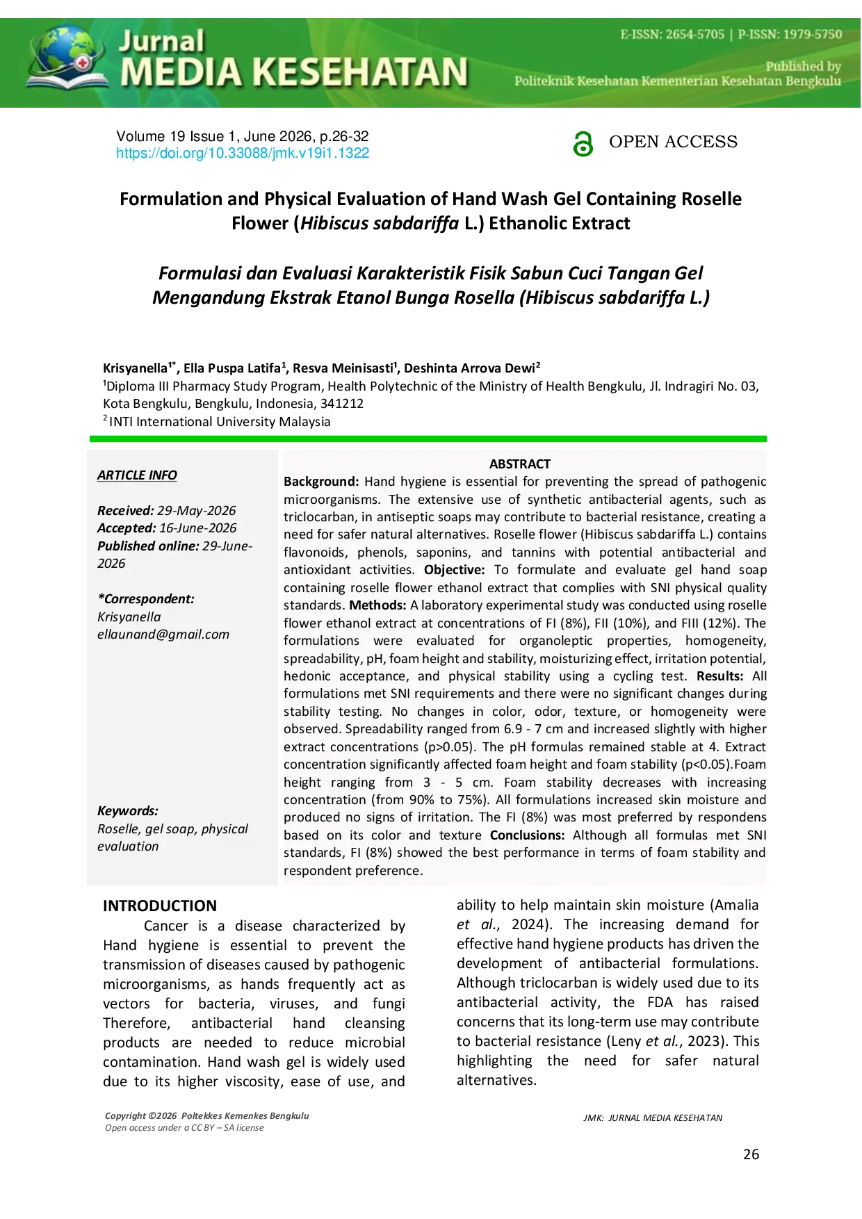 JURIS Formulation and Physical Evaluation of Hand Wash Gel Containing Roselle Flower Hibiscus sabdariffa L Ethanolic Extract Formulation and Physical Evaluation of Hand Wash Gel Containing Roselle Flowe