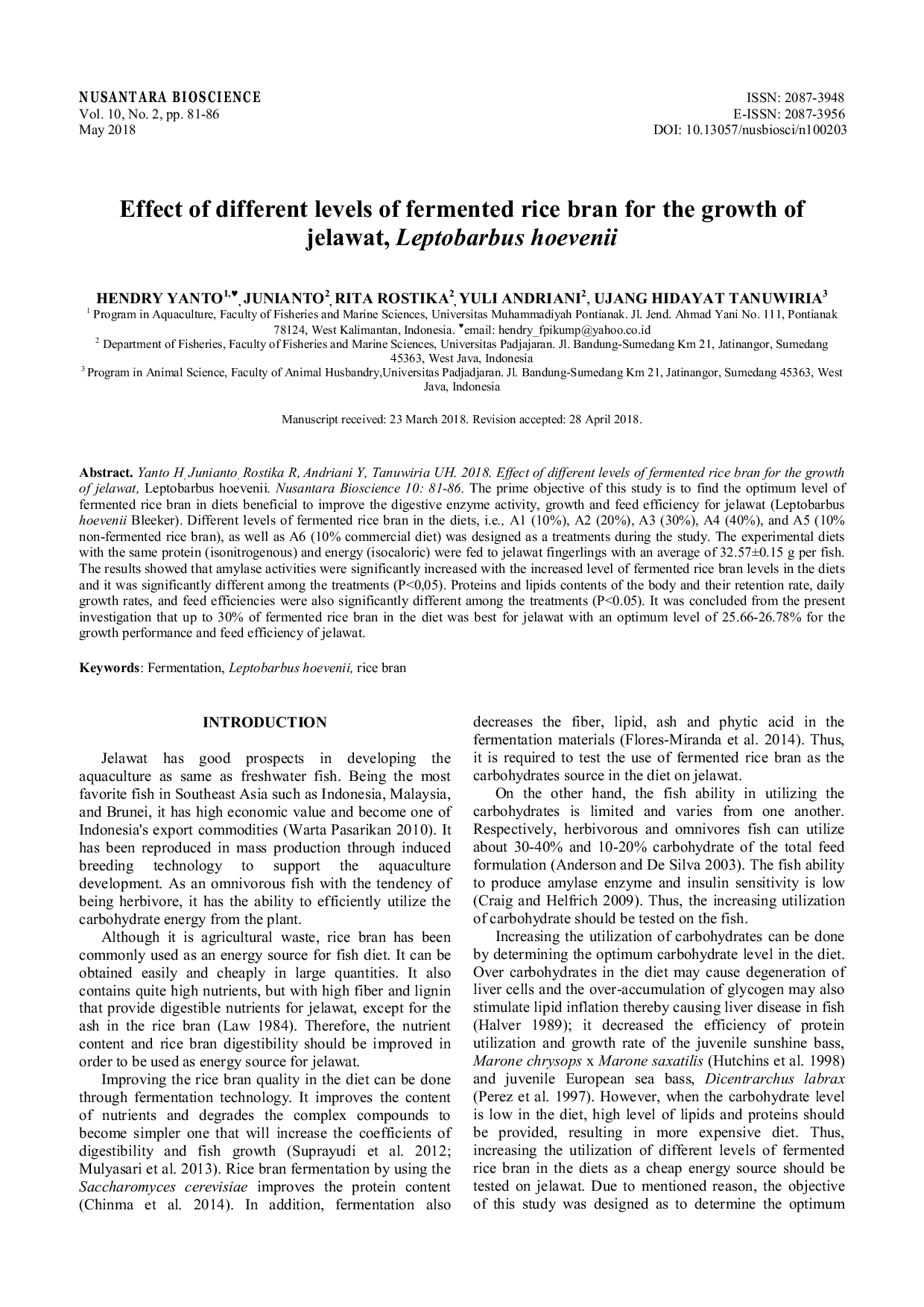 JURIS Effect of different levels of fermented rice bran for the growth of jelawat Leptobarbus hoevenii