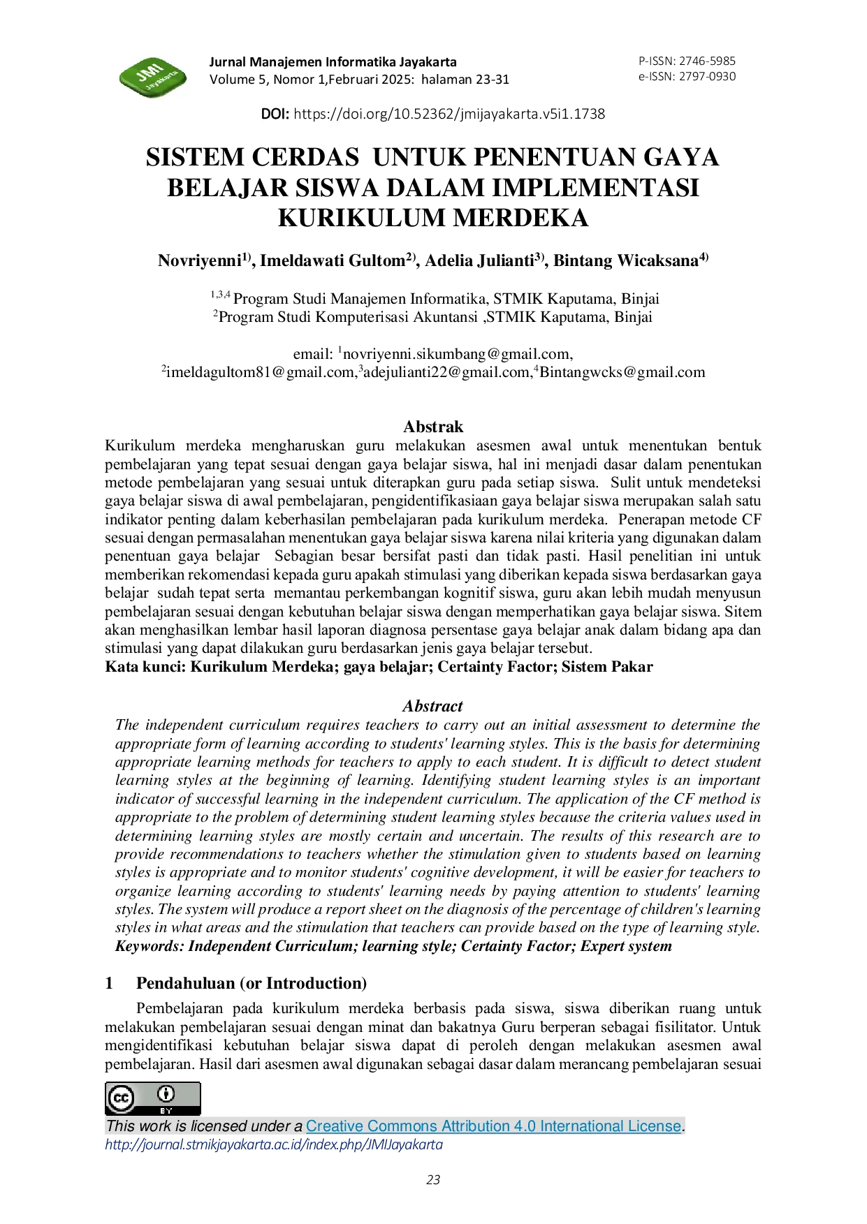 JURIS Sistem Cerdas untuk Penentuan Gaya Belajar Siswa dalam Implementasi Kurikulum Merdeka