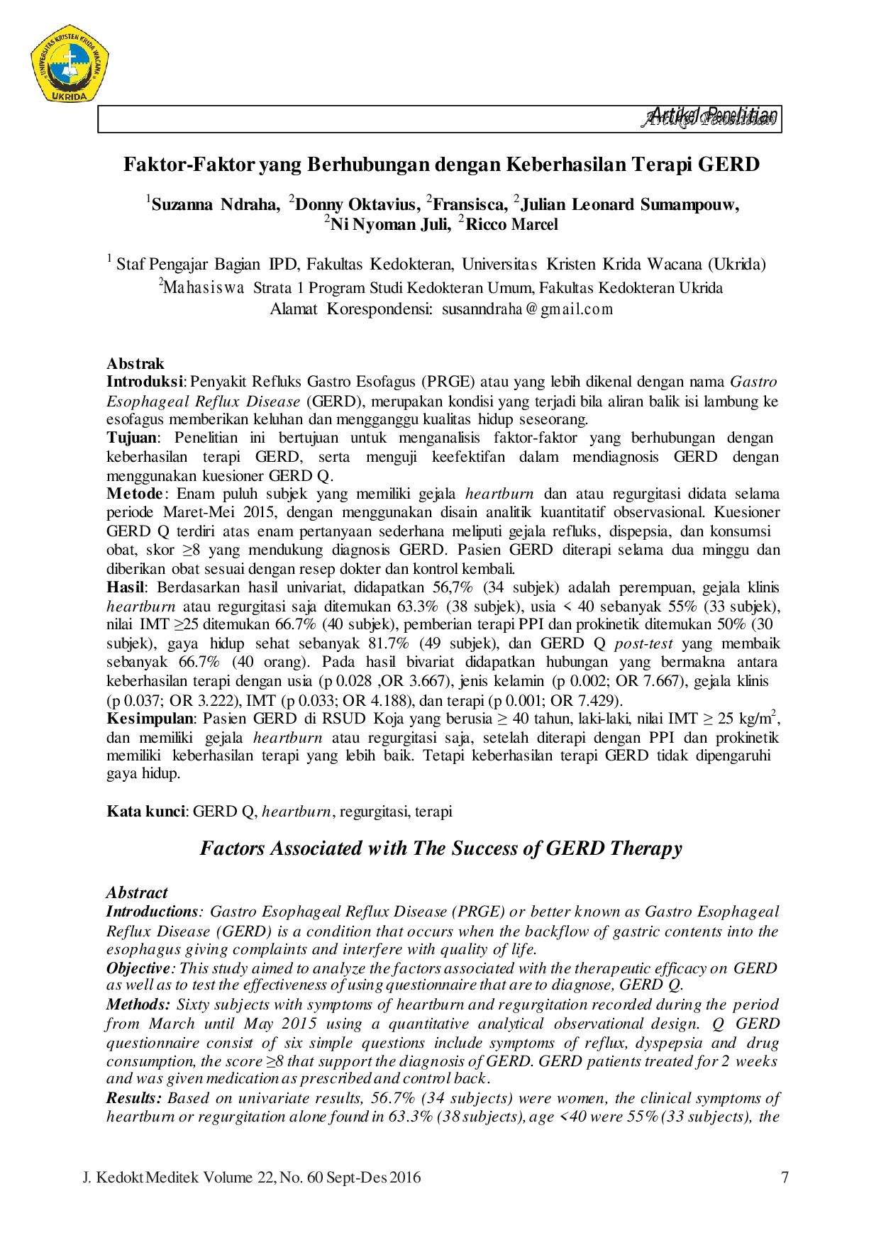 JURIS Faktor Faktor yang Berhubungan dengan Keberhasilan Terapi GERD