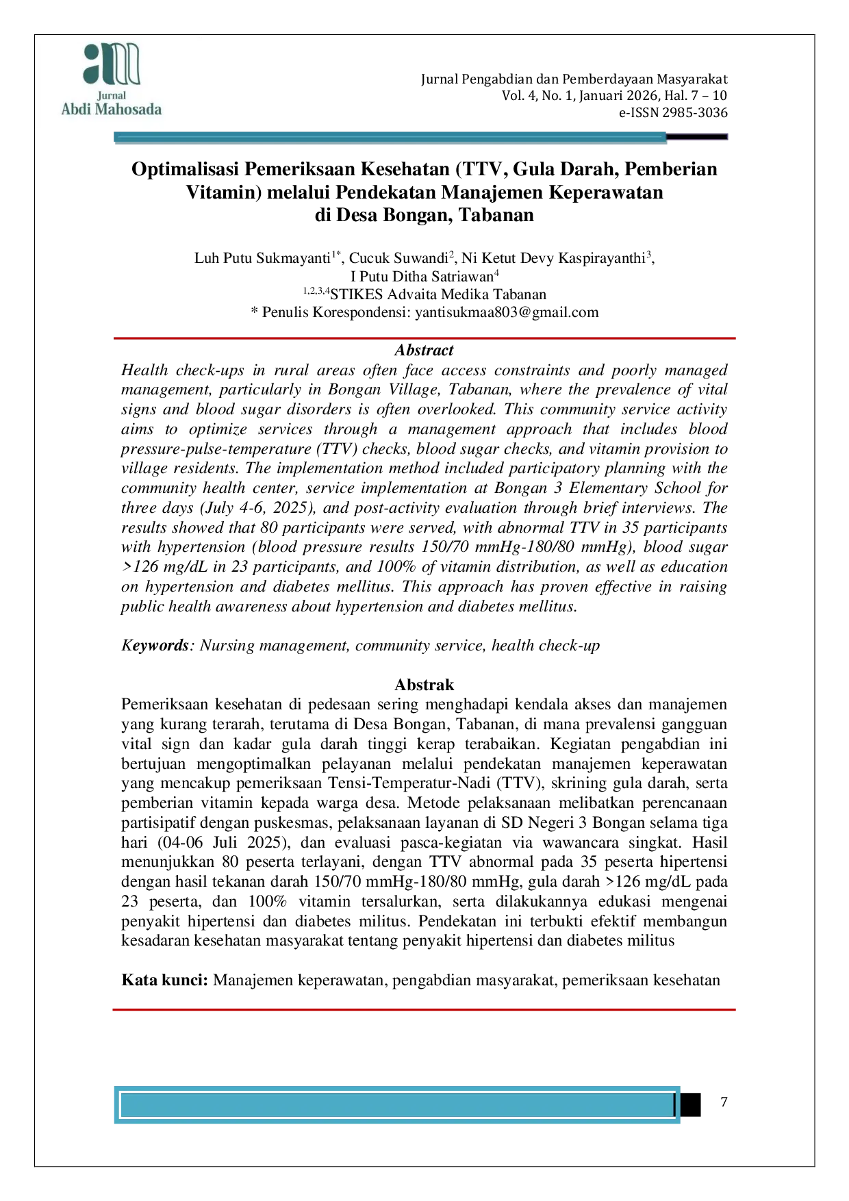 JURIS Optimalisasi Pemeriksaan Kesehatan TTV Gula Darah Pemberian Vitamin melalui Pendekatan Manajemen Keperawatan di Desa Bongan Tabanan