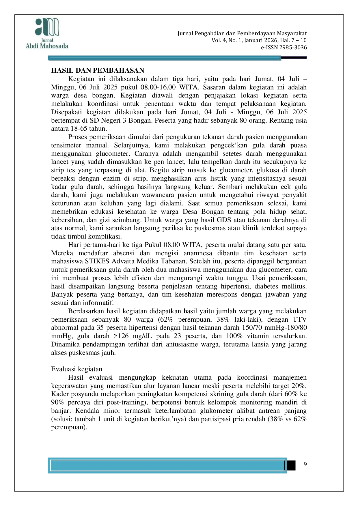 JURIS Optimalisasi Pemeriksaan Kesehatan TTV Gula Darah Pemberian Vitamin melalui Pendekatan Manajemen Keperawatan di Desa Bongan Tabanan