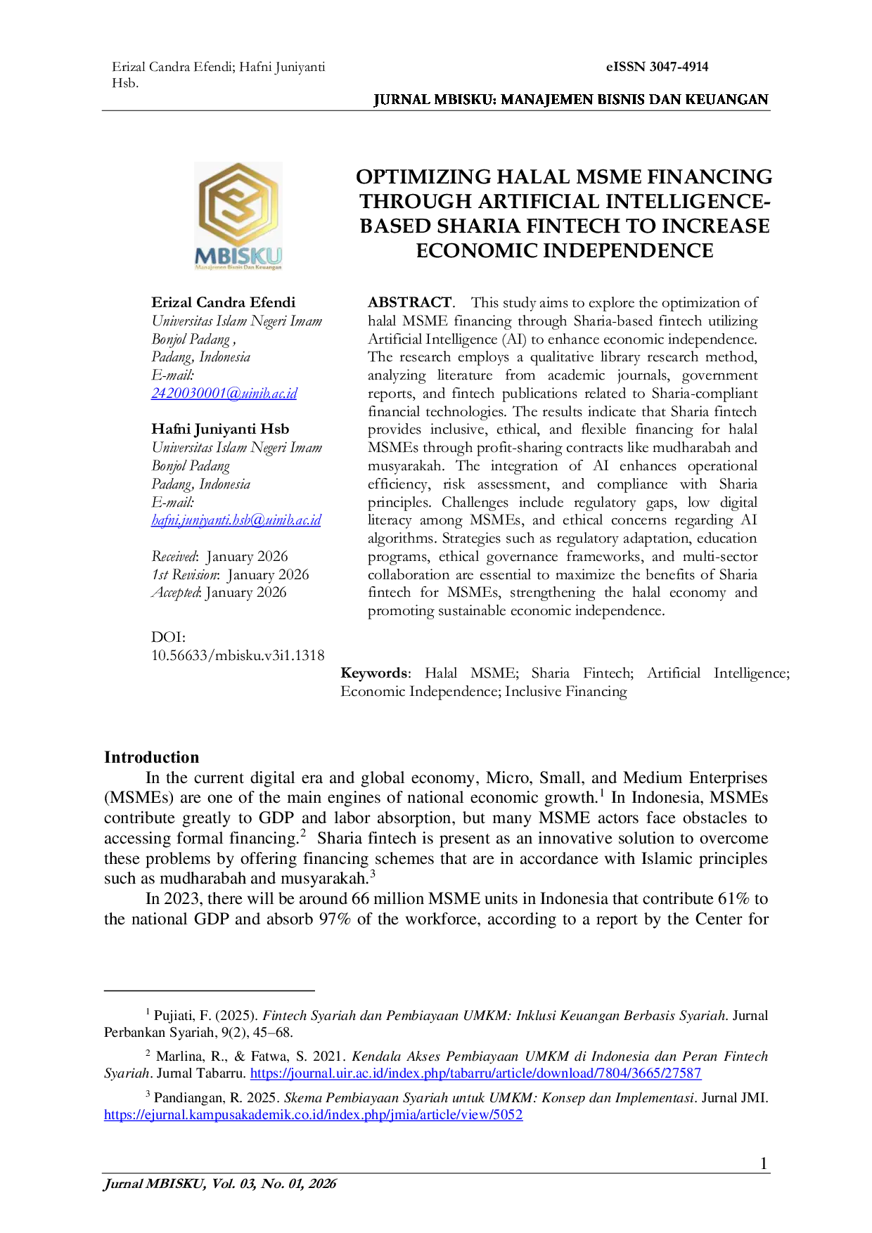 JURIS Optimizing Halal Msme Financing Through Artificial Intelligence Based Sharia Fintech To Increase Economic Independence
