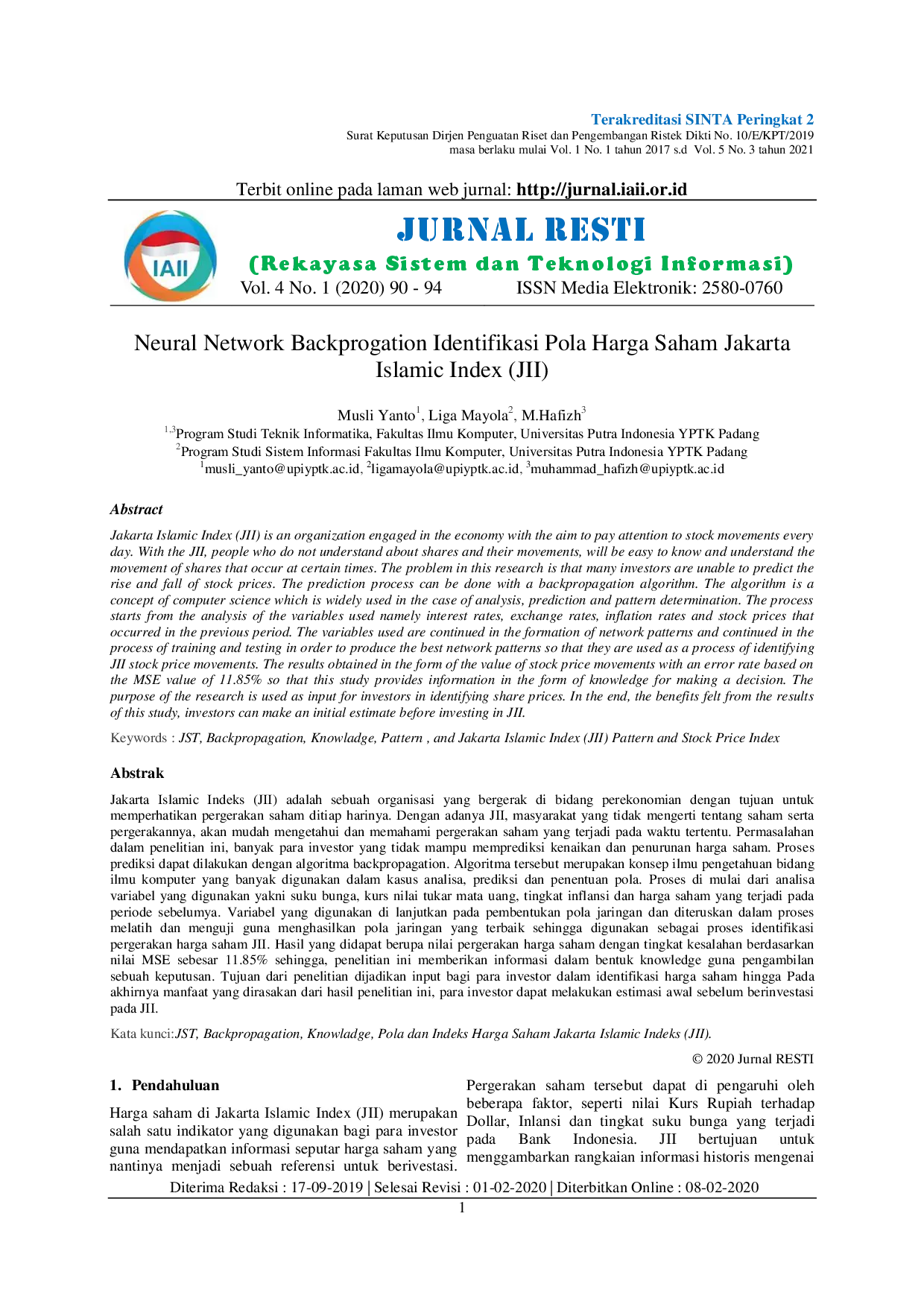 JURIS Neural Network Backprogation Identifikasi Pola Harga Saham Jakarta Islamic Index JII