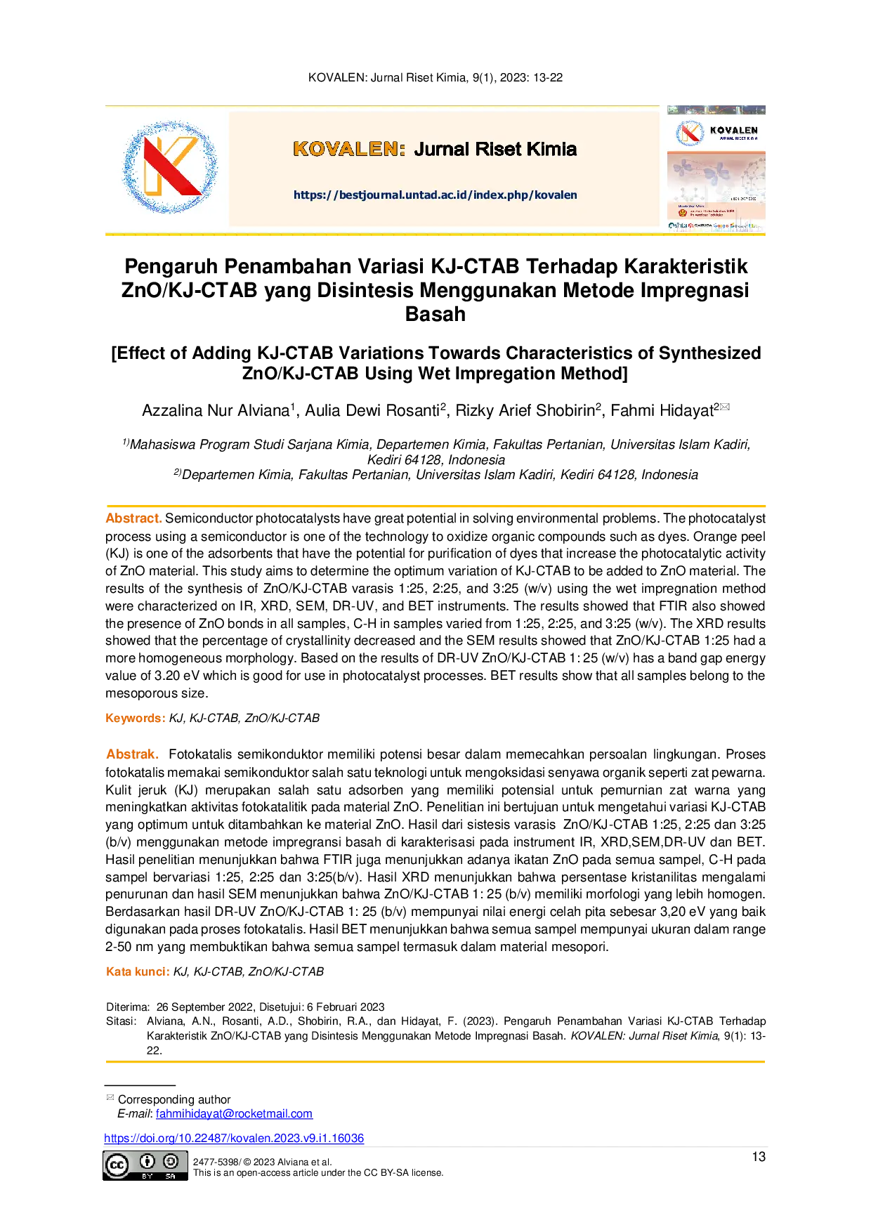 JURIS Pengaruh Penambahan Variasi KJ CTAB Terhadap Karakteristik ZnO KJ CTAB yang Disintesis Menggunakan Metode Impregnasi Basah