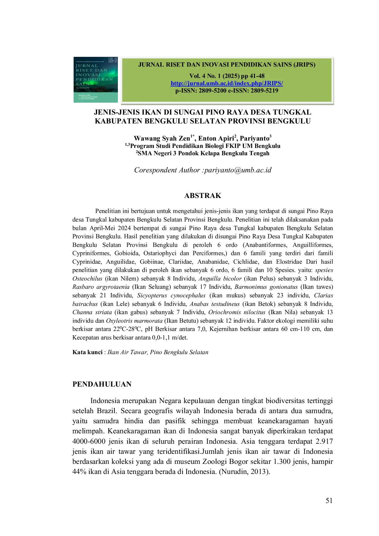 JURIS Jenis Jenis Ikan Di Sungai Pino Raya Desa Tungkal Kabupaten Bengkulu Selatan Provinsi Bengkulu