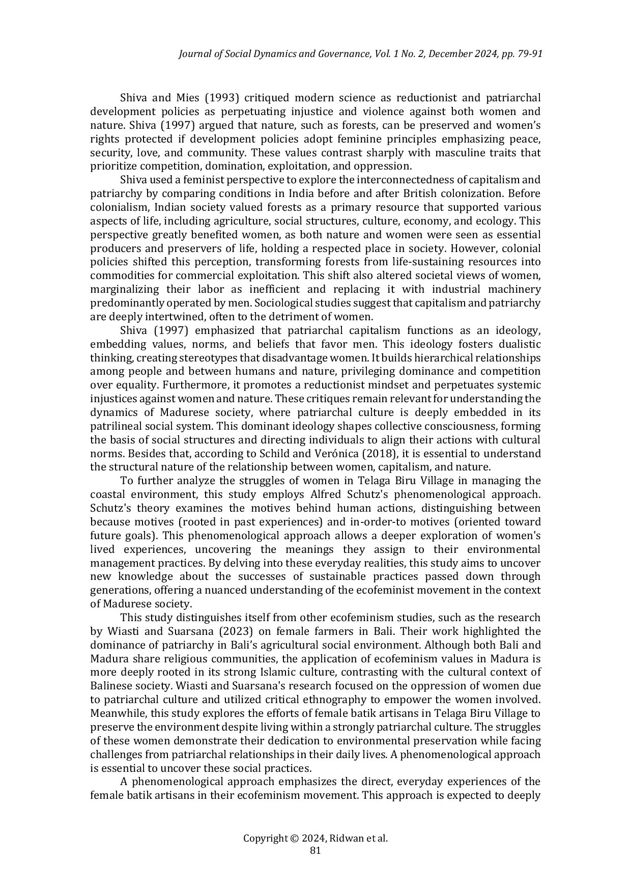 JURIS WOMEN AND ECOFEMINISM A Phenomenological Study of Female Batik Artisans in the Coastal Area of Telaga Biru Village Tanjung Bumi District Bangkalan Regency Madura