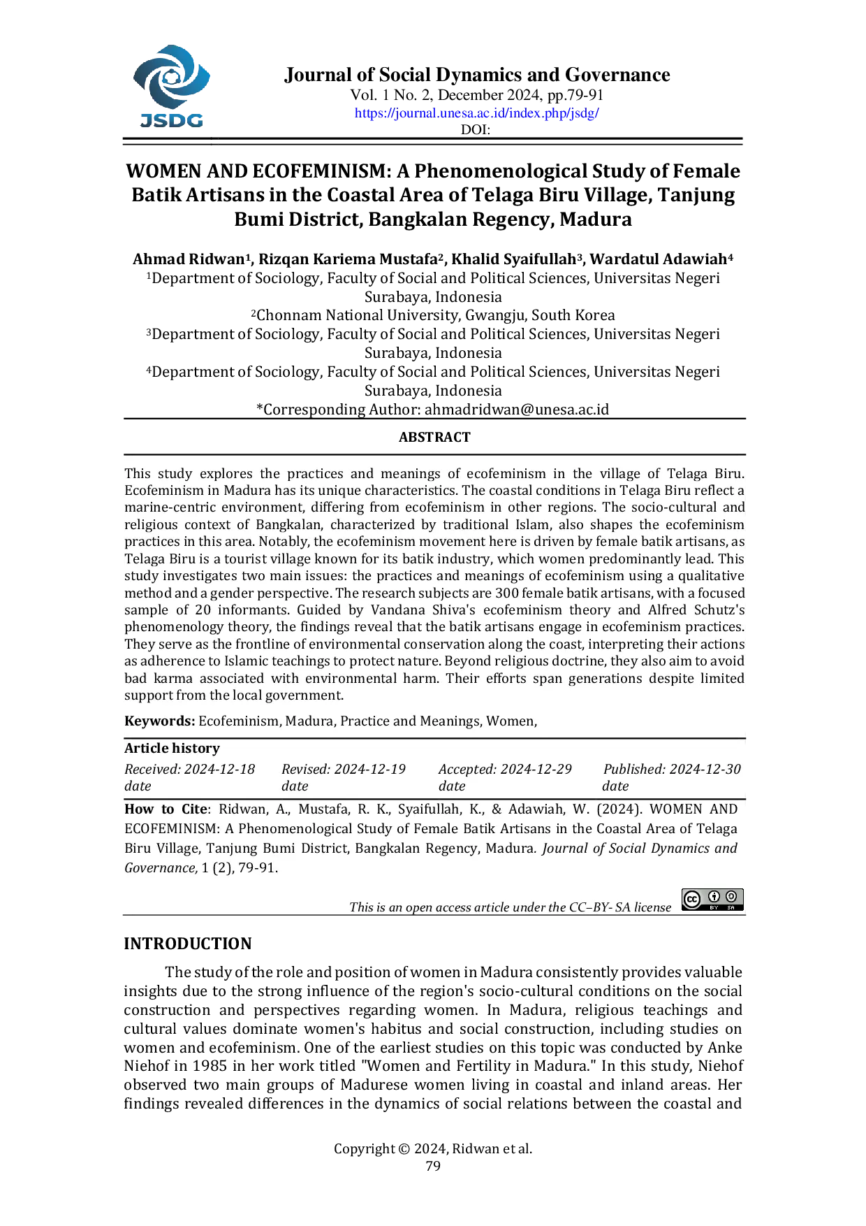 JURIS WOMEN AND ECOFEMINISM A Phenomenological Study of Female Batik Artisans in the Coastal Area of Telaga Biru Village Tanjung Bumi District Bangkalan Regency Madura