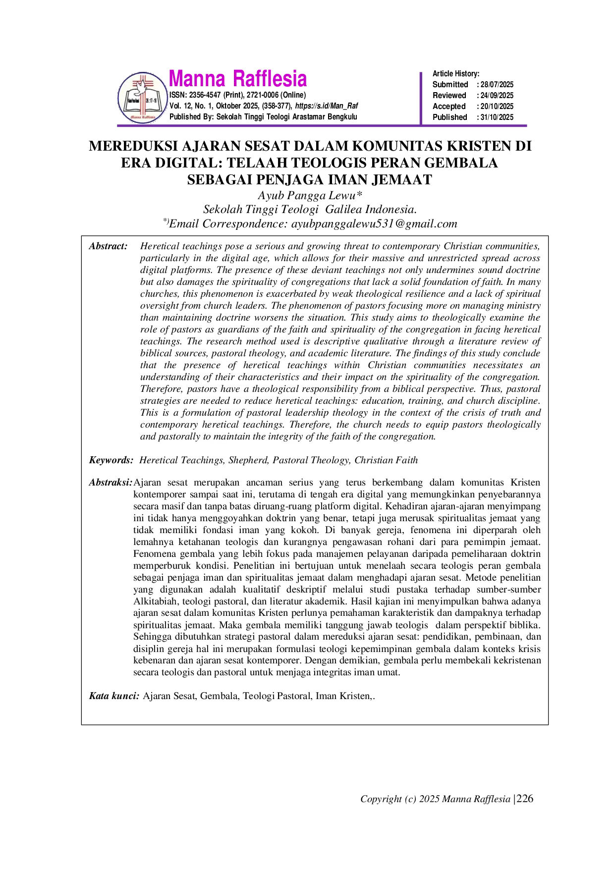 JURIS Mereduksi Ajaran Sesat dalam Komunitas Kristen di Era Digital Telaah Teologis Peran Gembala sebagai Penjaga Iman Jemaat