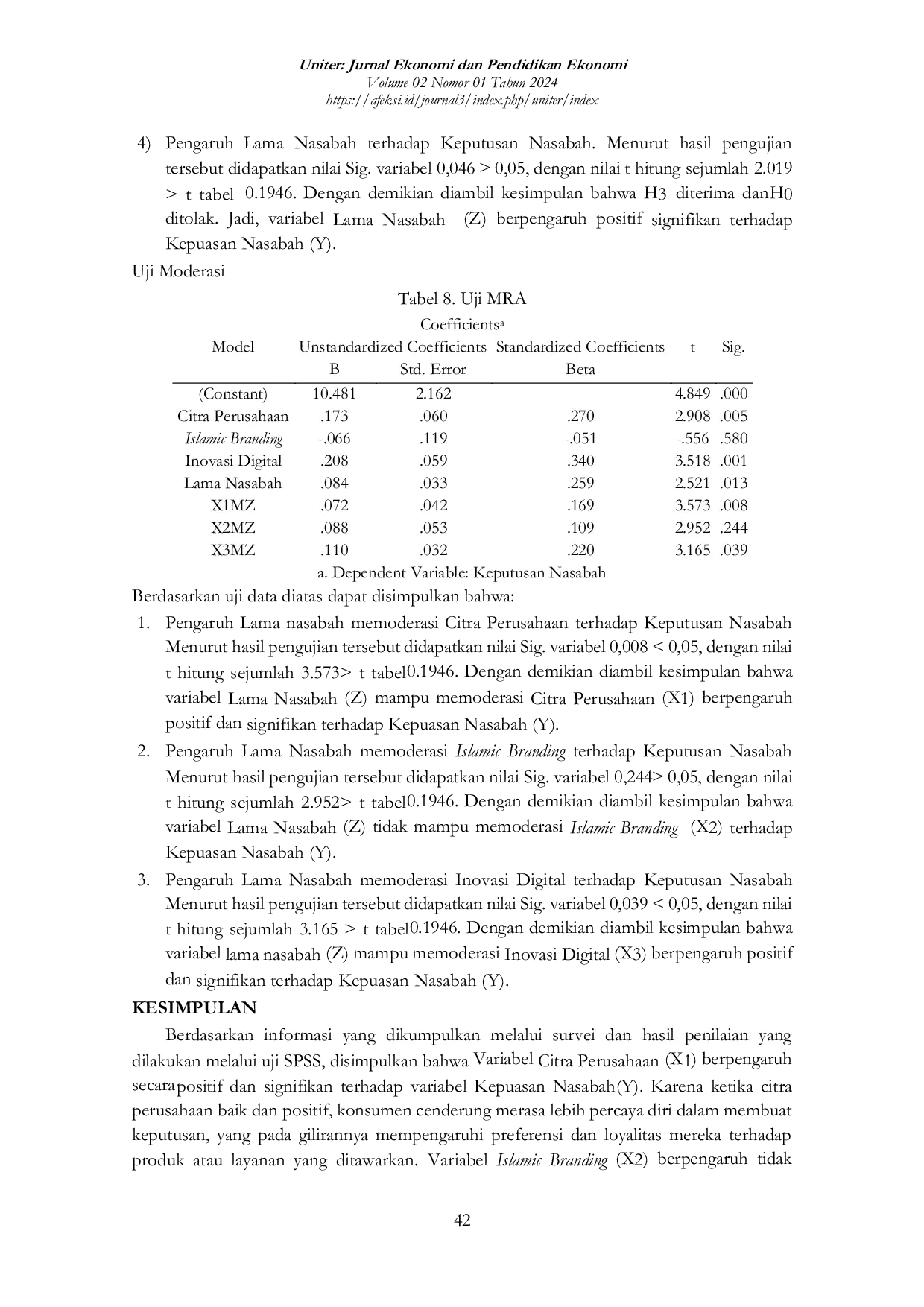 JURIS Kontribusi Citra Perusahaan Islamic Branding dan Inovasi Digital Terhadap Tingkat Kepuasan Nasabah Dengan Lama Nasabah Sebagai Variabel Moderating