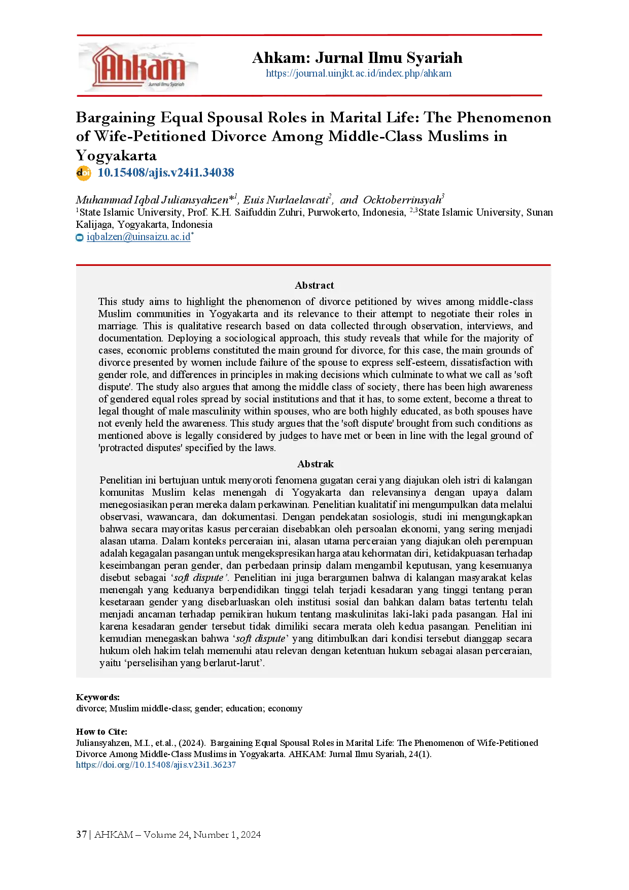 juris Bargaining Equal Spousal Roles in Marital Life The Phenomenon of Wife Petitioned Divorce Among Middle Class Muslims in Yogyakarta