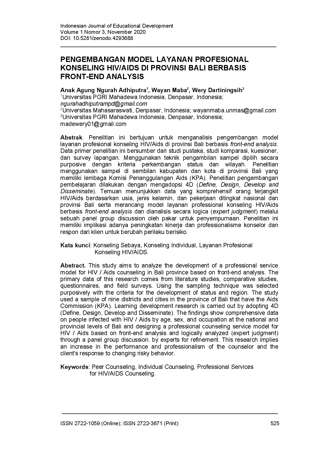 juris Pengembangan model layanan profesional lonseling HIV AIDS di provinsi Bali berbasis front end analysis