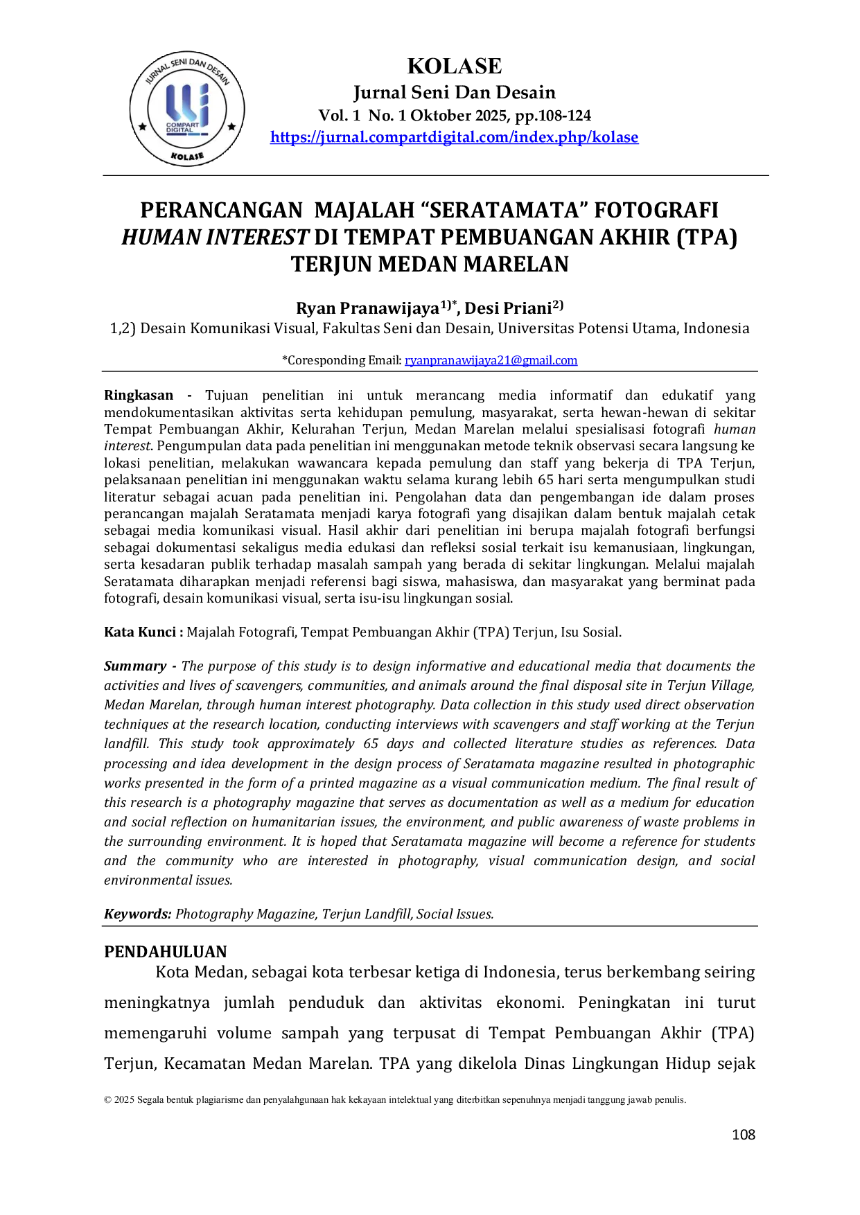 JURIS Perancangan Majalah Seratamata Fotografi Human Interest di Tempat Pembuangan Akhir TPA Terjun Medan Marelan