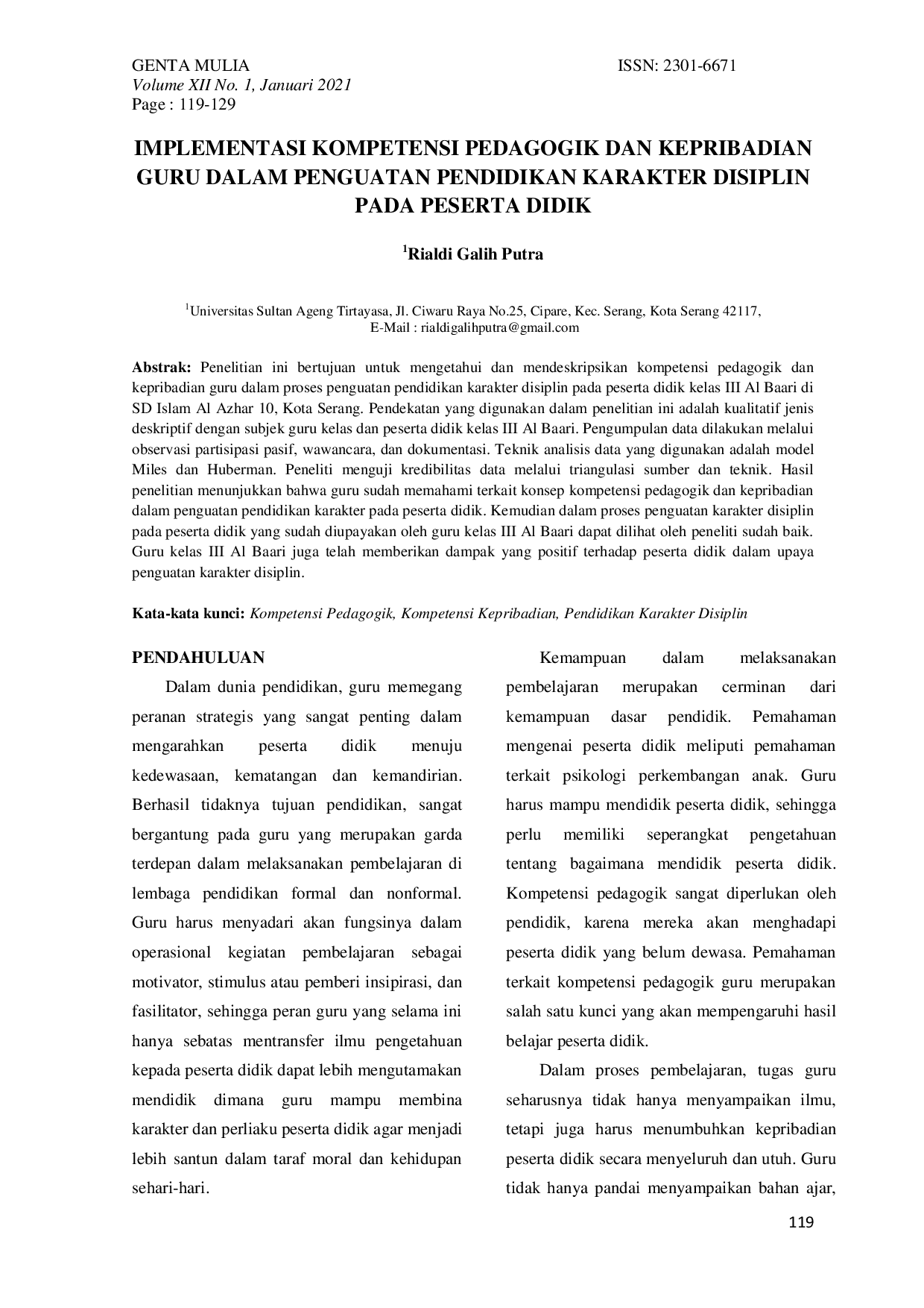 JURIS Implementasi Kompetensi Pedagogik Dan Kepribadian Guru Dalam Penguatan Pendidikan Karakter Disiplin Pada Peserta Didik