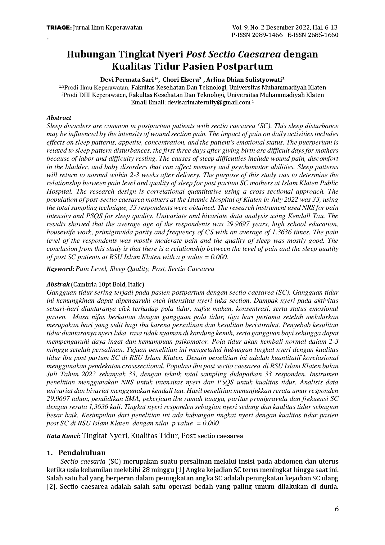 juris Hubungan Tingkat Nyeri Post Sectio Caesarea Dengan Kualitas Tidur Pasien Postpartum