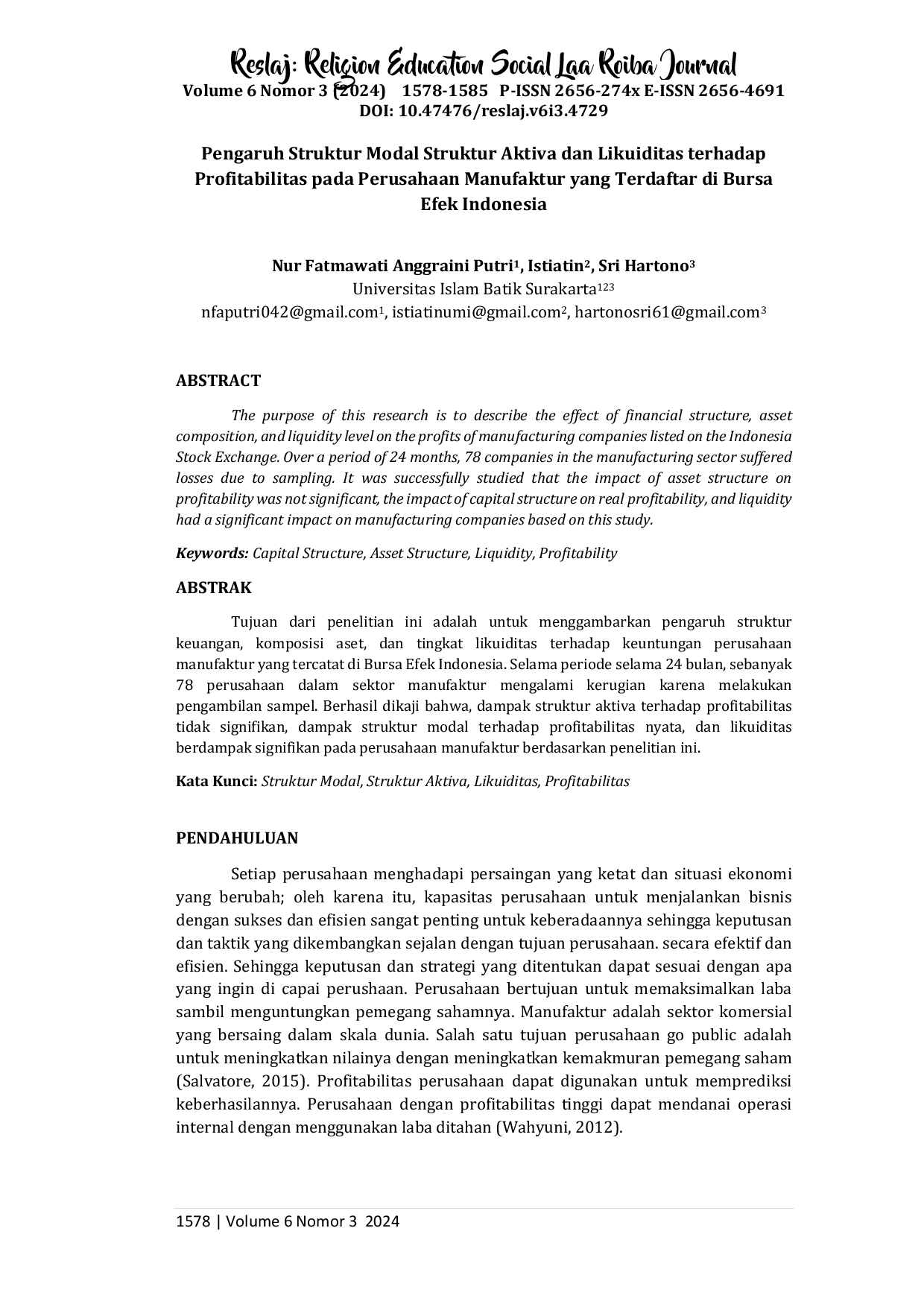 JURIS Pengaruh Struktur Modal Struktur Aktiva dan Likuiditas terhadap Profitabilitas pada Perusahaan Manufaktur yang Terdaftar di Bursa Efek Indonesia