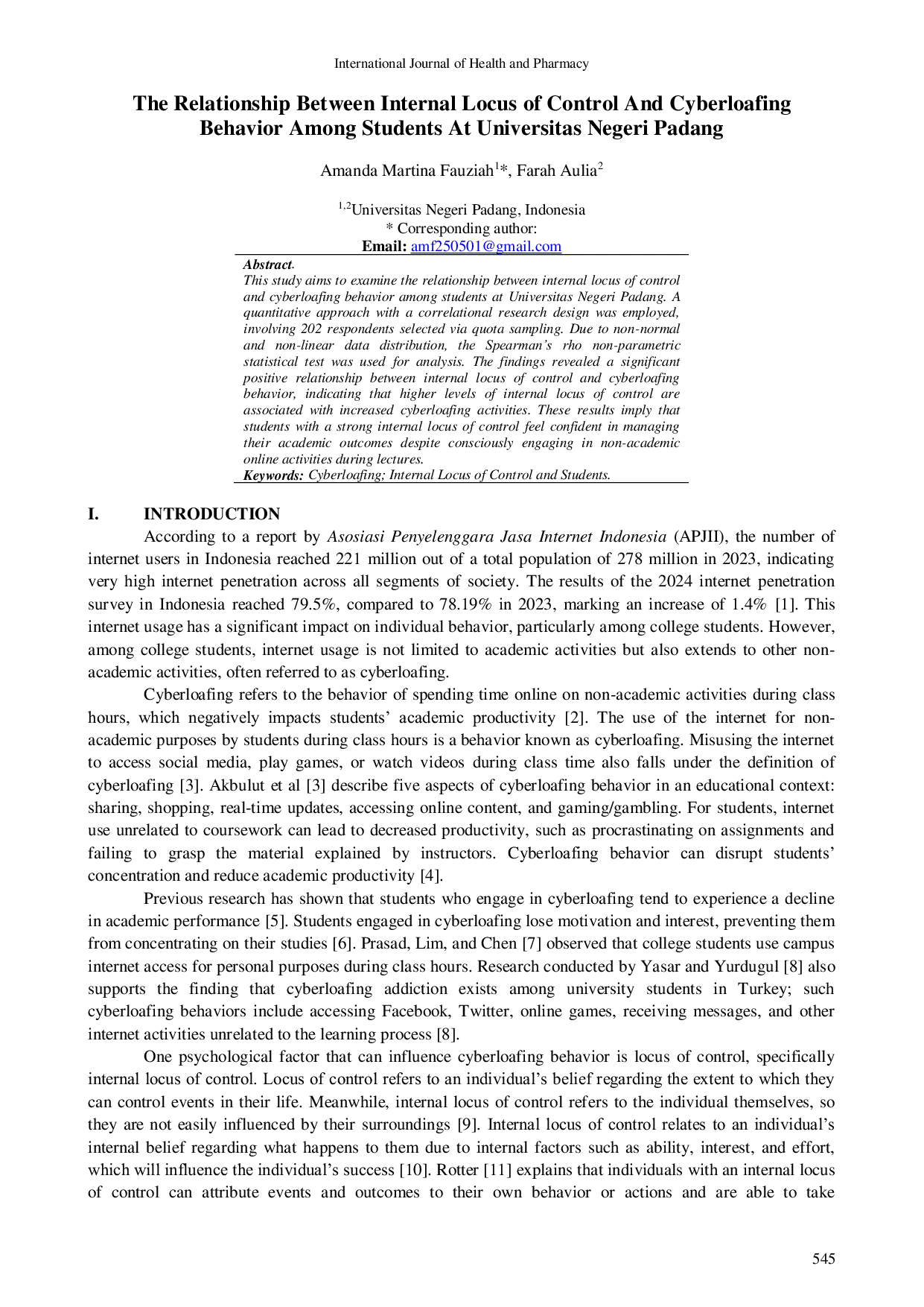 JURIS The Relationship Between Internal Locus of Control And Cyberloafing Behavior Among Students At Universitas Negeri Padang