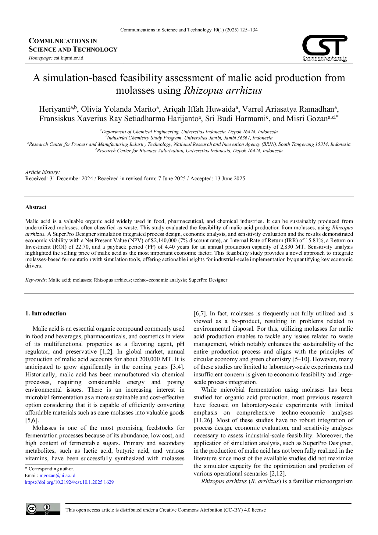 JURIS A simulation based feasibility assessment of malic acid production from molasses using Rhizopus arrhizus