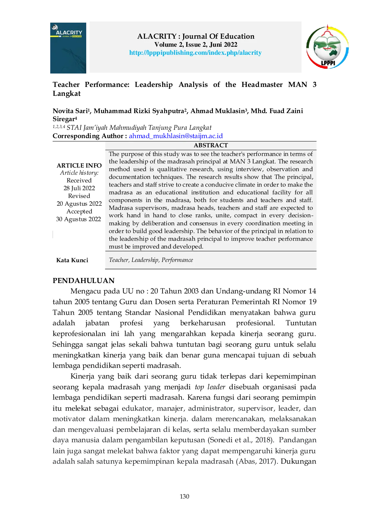 JURIS Teacher Performance Leadership Analysis of the Headmaster MAN 3 Langkat