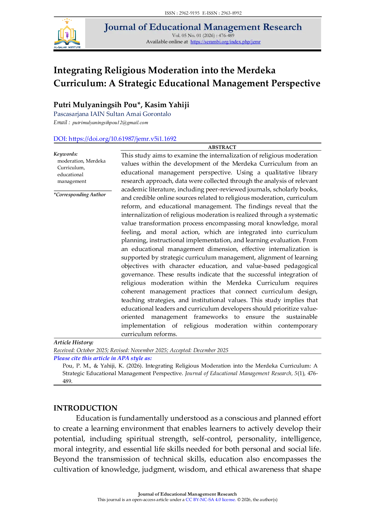JURIS Integrating Religious Moderation into the Merdeka Curriculum A Strategic Educational Management Perspective