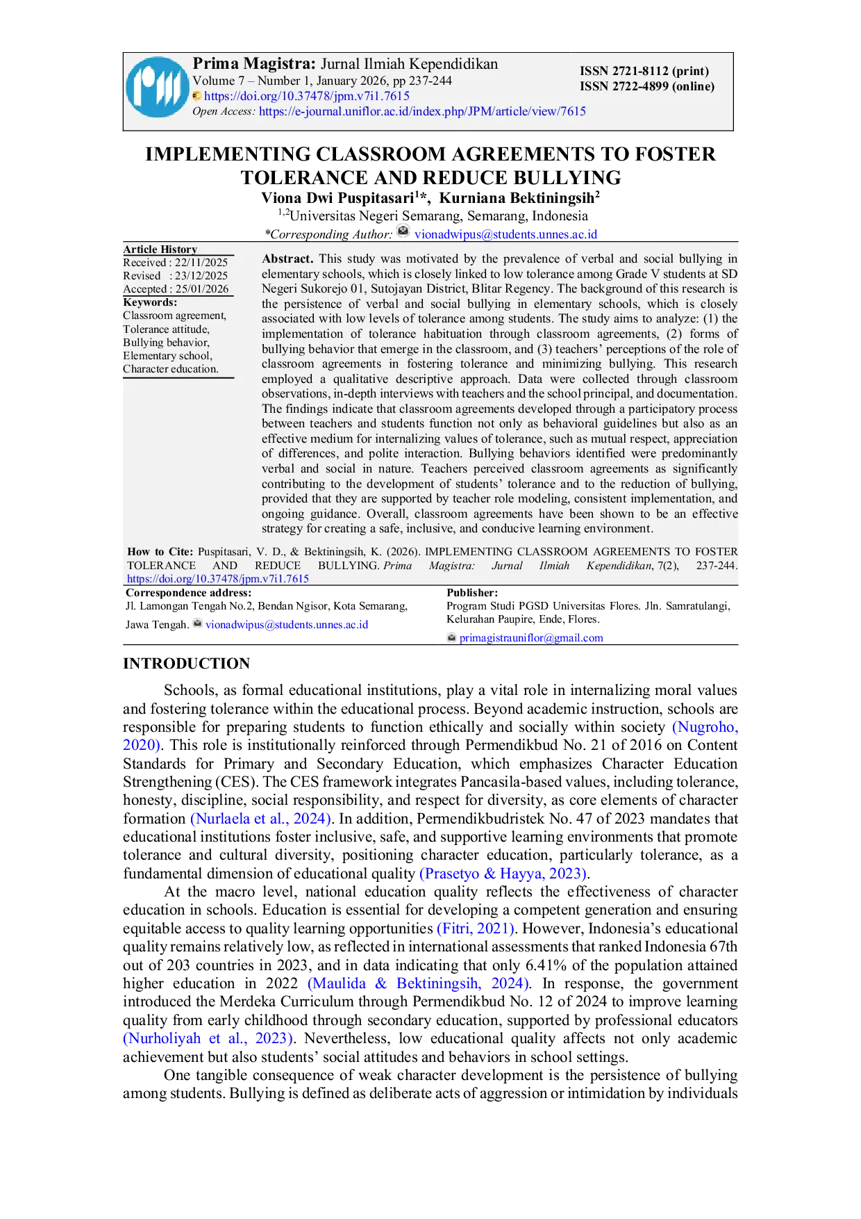 JURIS Implementing Classroom Agreements to Foster Tolerance and Reduce Bullying