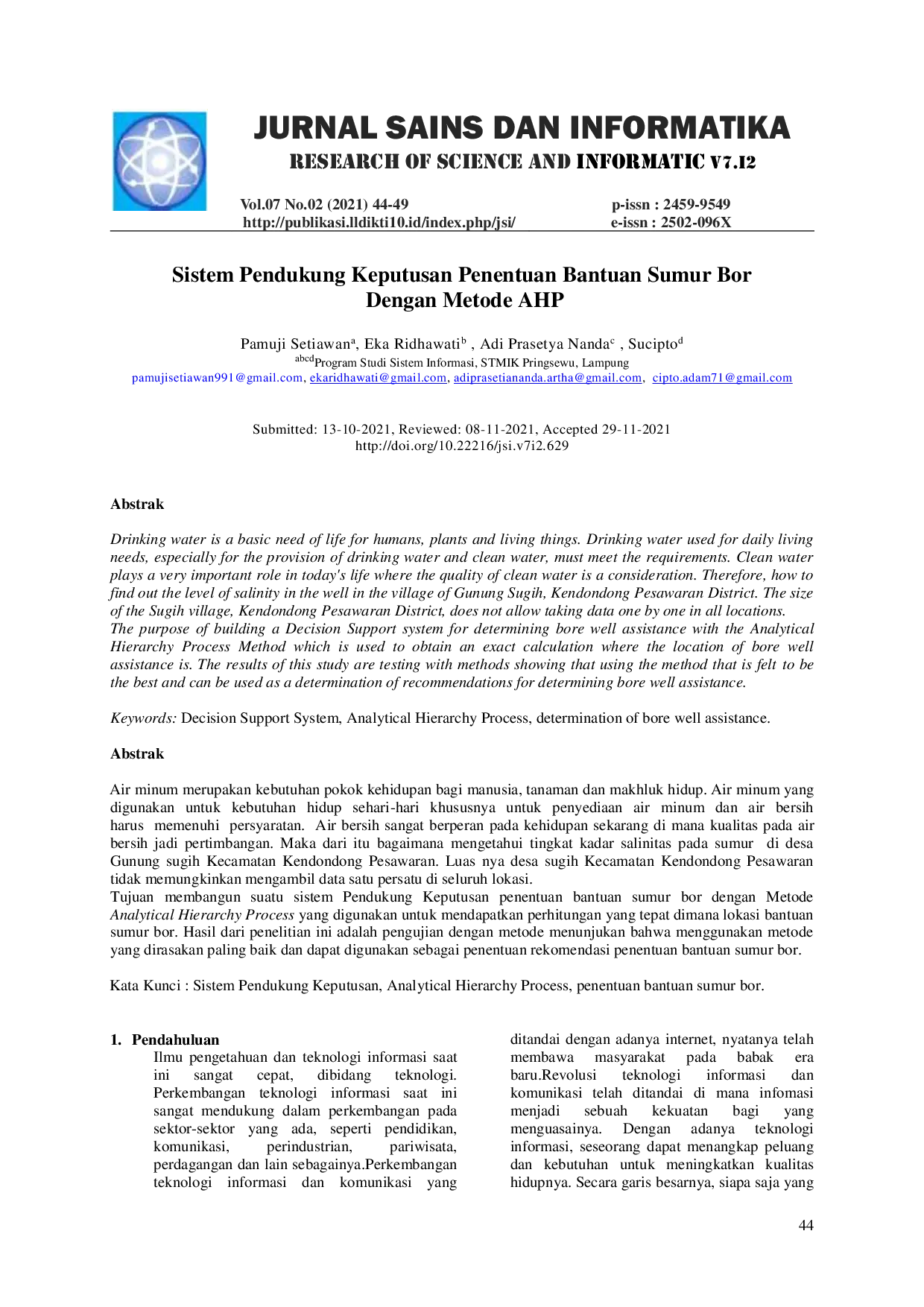 JURIS Sistem Pendukung Keputusan Penentuan Bantuan Sumur Bor Dengan Metode AHP