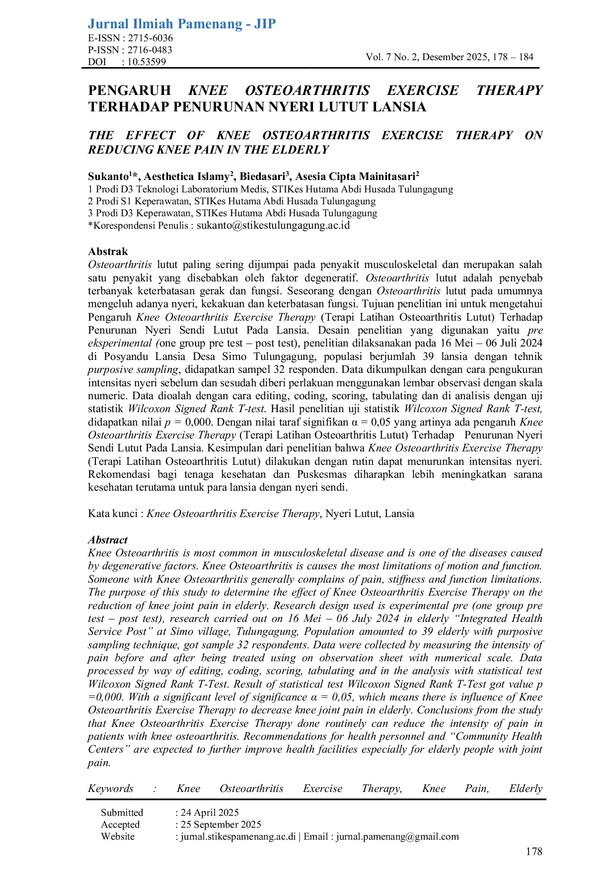 JURIS Pengaruh Knee Osteoarthritis Exercise Therapy Terhadap Penurunan Nyeri Lutut Lansia