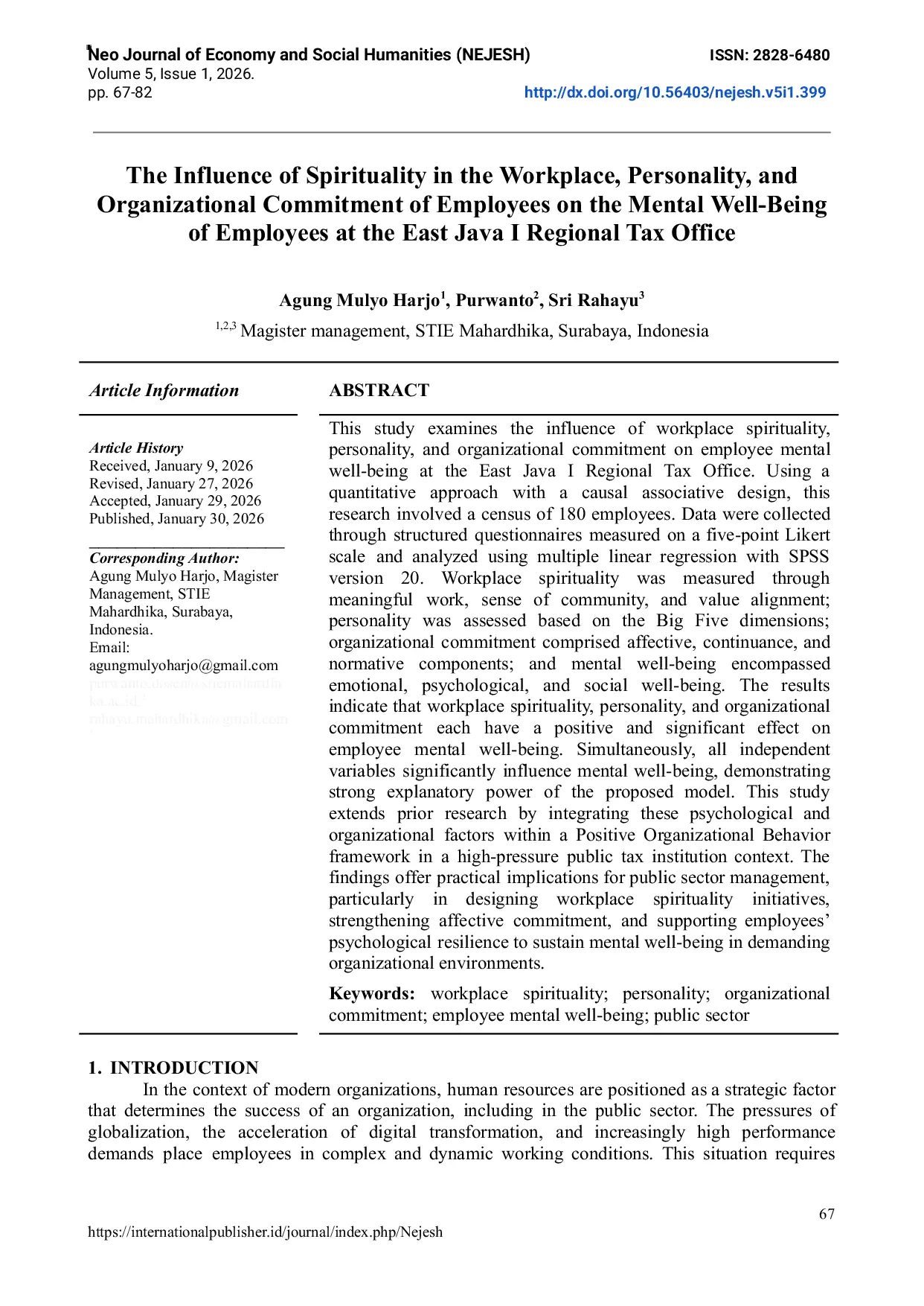 JURIS The Influence of Spirituality in the Workplace Personality and Organizational Commitment of Employees on the Mental Well Being of Employees at the East Java I Regional Tax Office