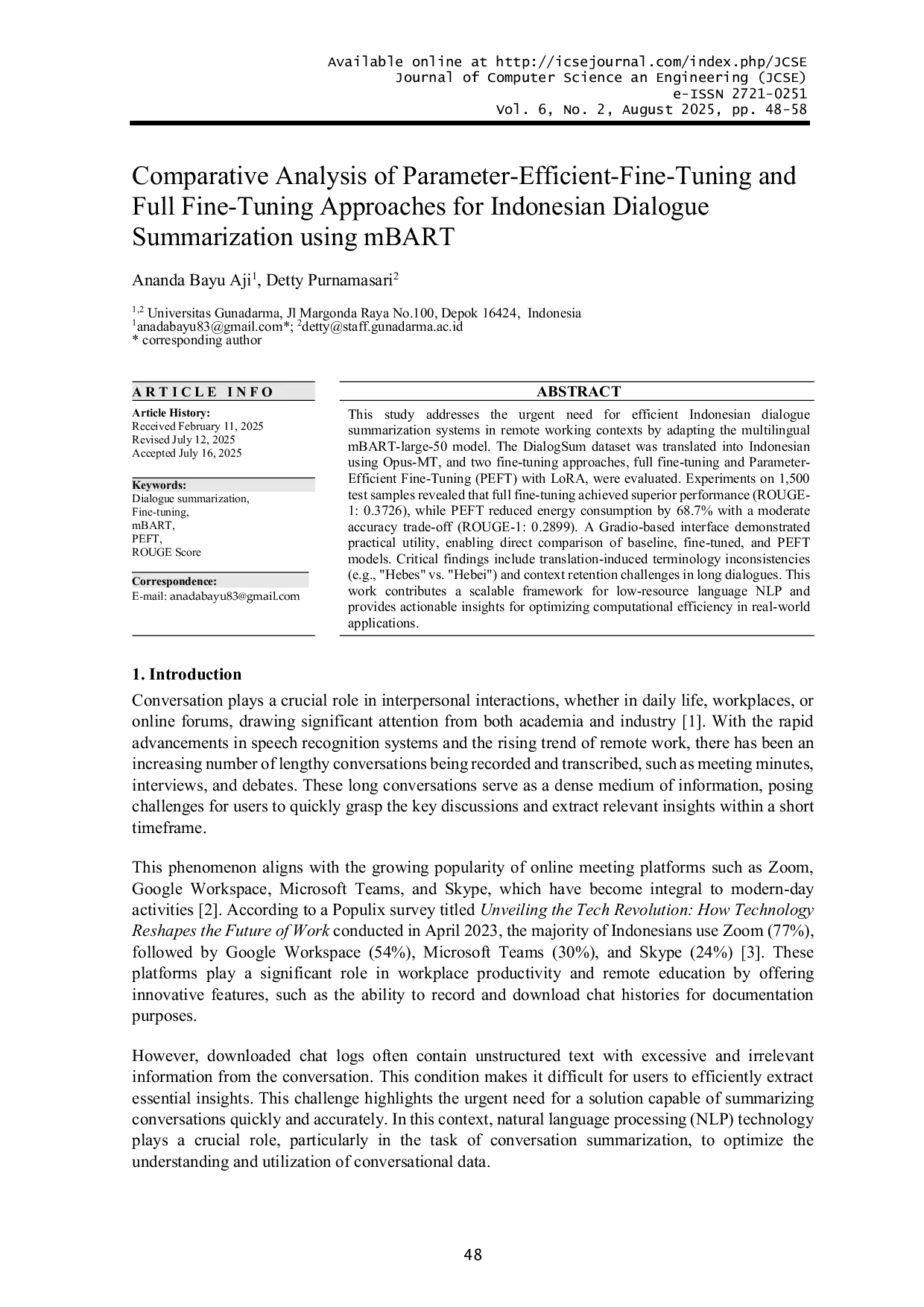 JURIS Comparative Analysis of Parameter Efficient Fine Tuning and Full Fine Tuning Approaches for Indonesian Dialogue Summarization using mBART